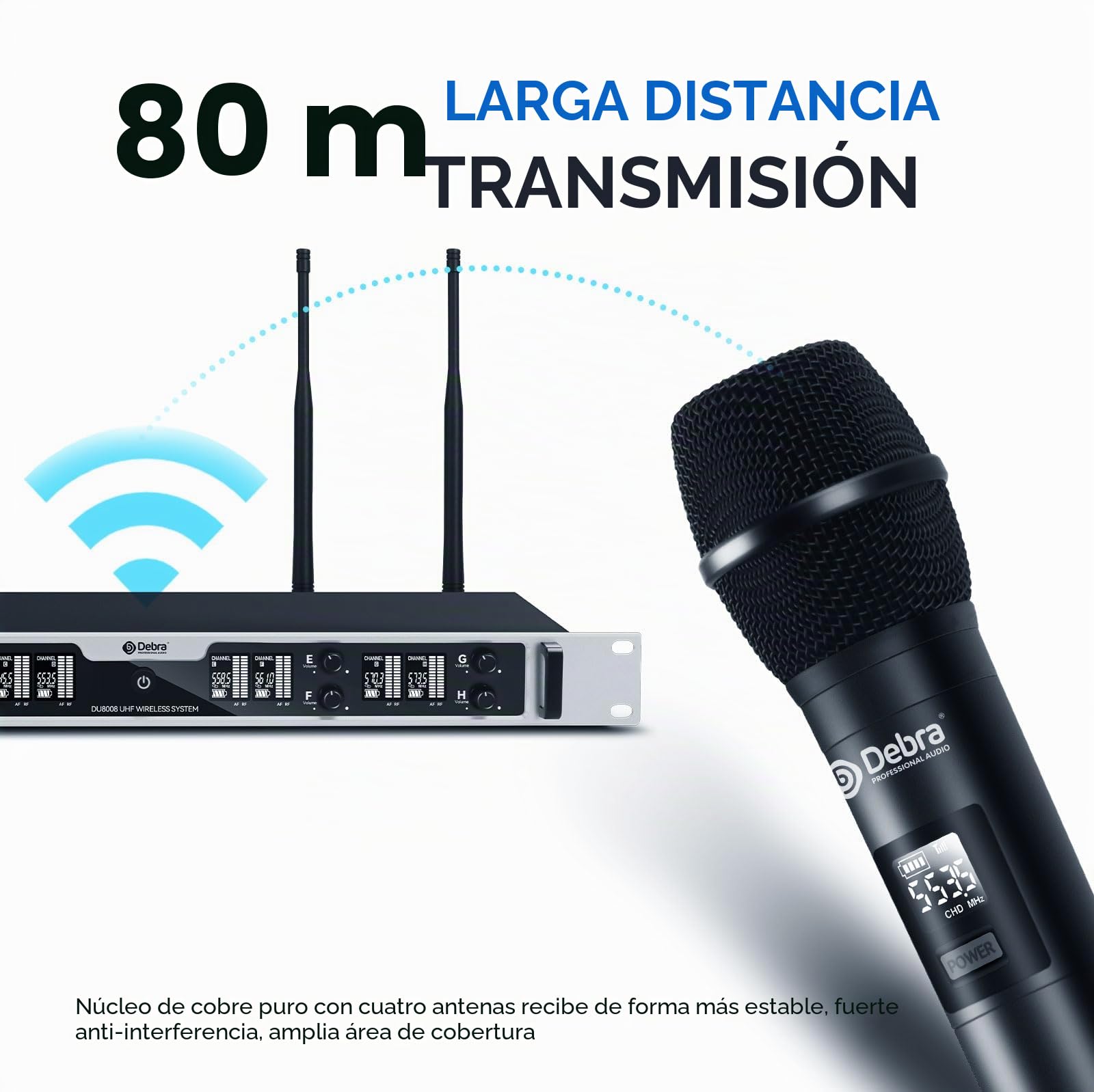 D Debra Sistema de Micrófono Inalámbrico 8 Canales DU8008 - Kit de 8 Micrófonos de Mesa para Conferencias, Salas de Reuniones y Seminarios, con Base Transmisora y Receptor Pantalla