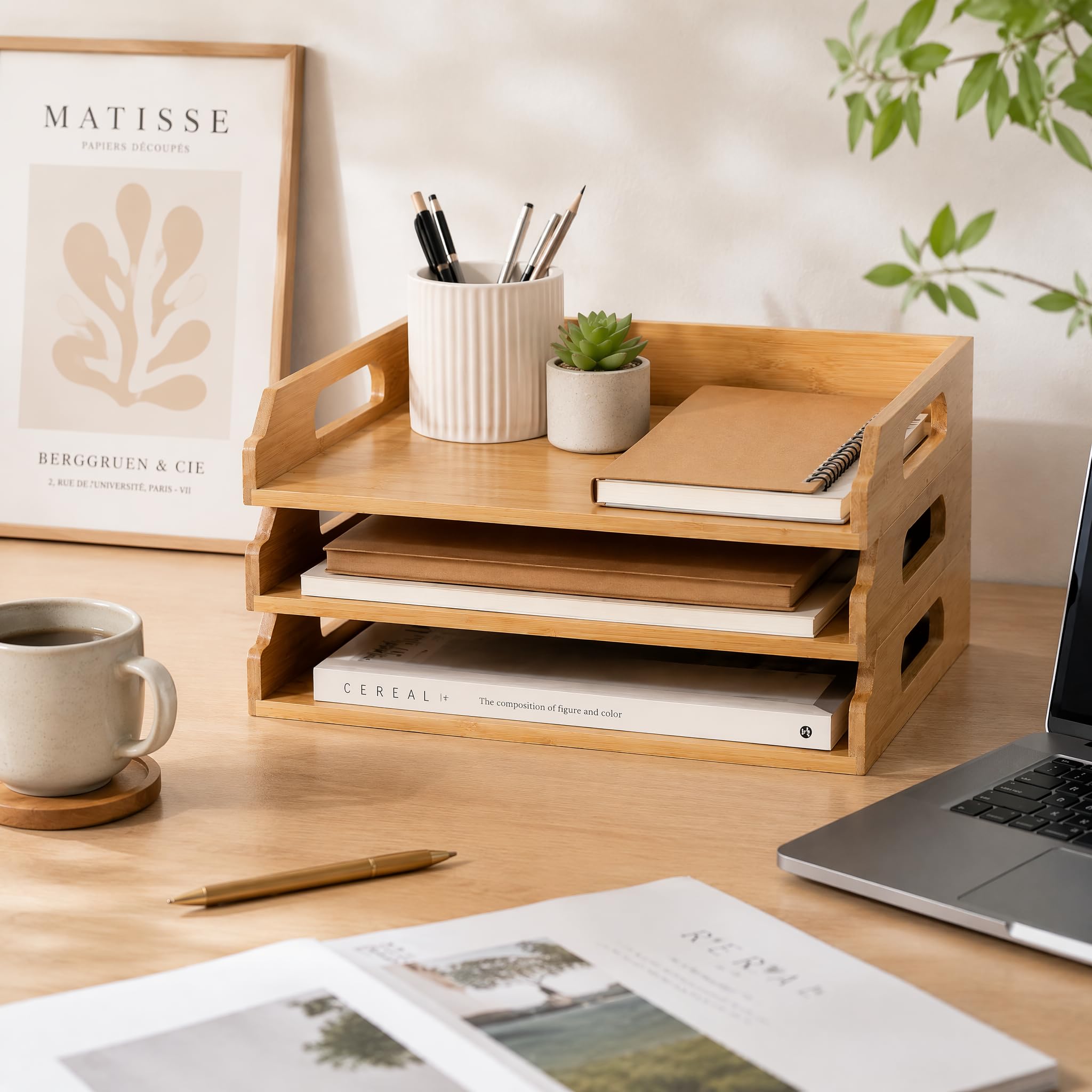 Okllen 3 Pack Stackable Paper Trays, Bamboo Desk Letter Tray Set, 3 Tier File Document Organizer Tray for A4 Paper, Magazine, Receipts, Office Supplies