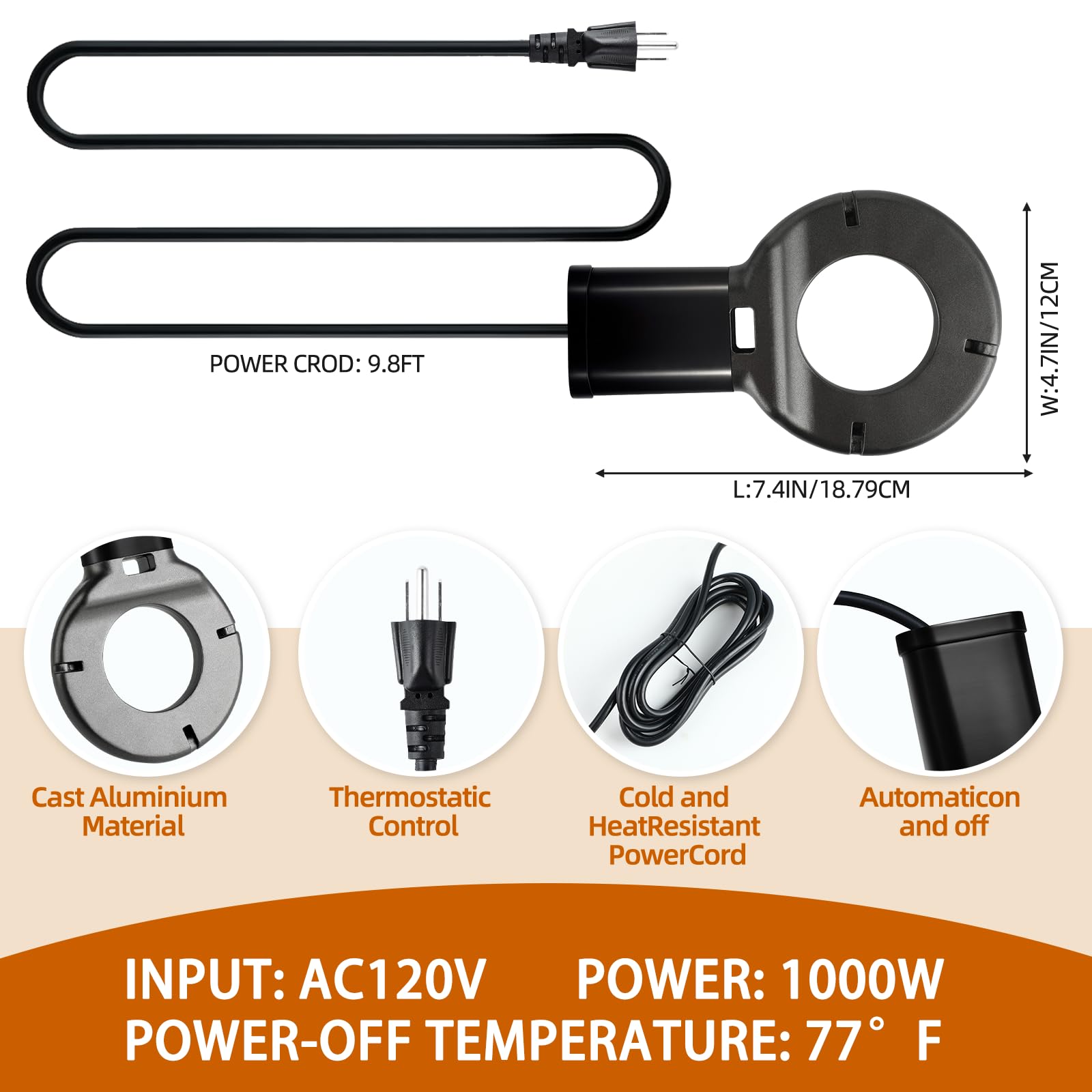 Calentador de agua para pollo, 1000 W, aluminio fundido a presión, sumergible, control termostático, descongelador para aves de corral, aves, vacas, caballos, animales, agua potable