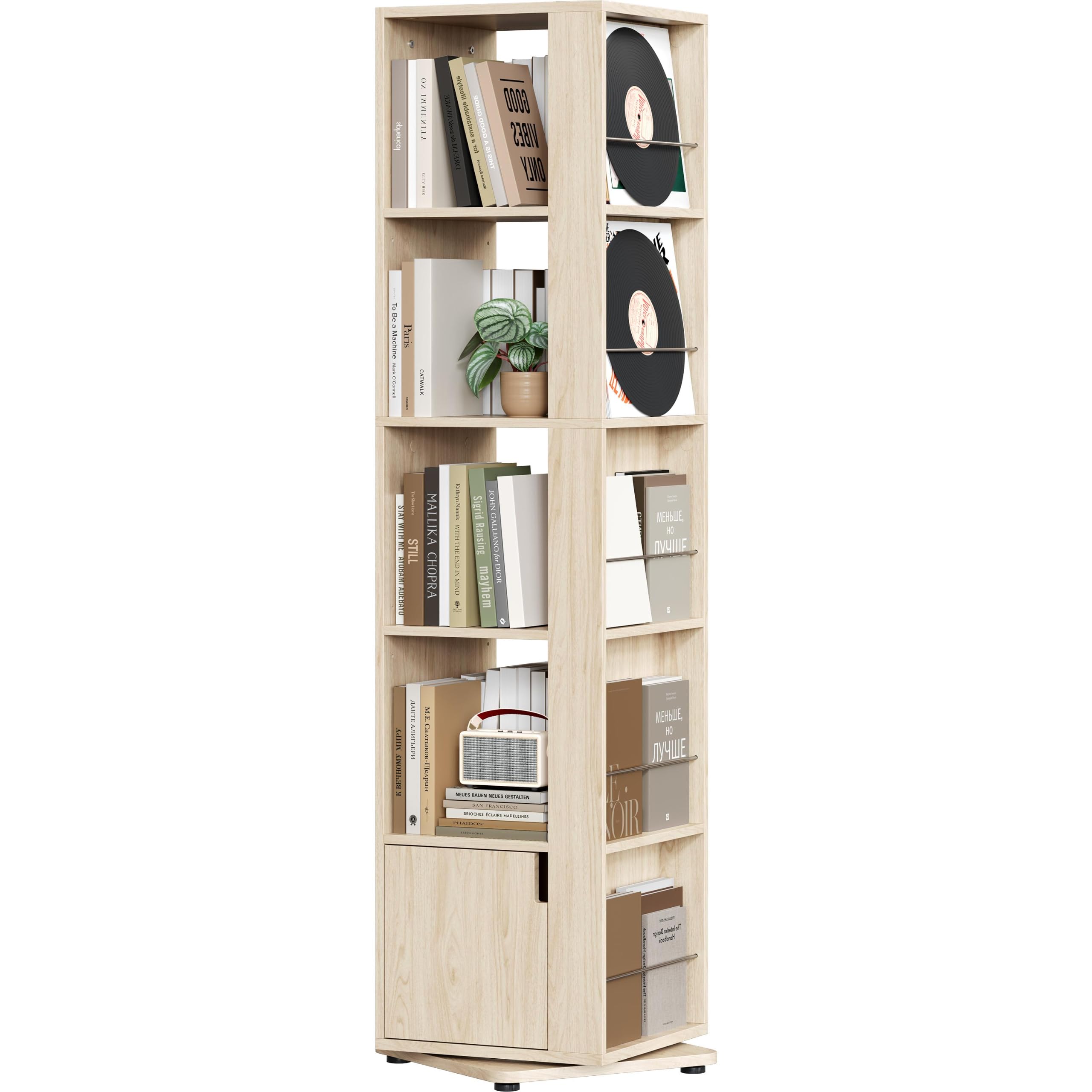 Yaheetech 5-Tier Rotating Bookshelf with Adjustable Shelves, Natural Wood