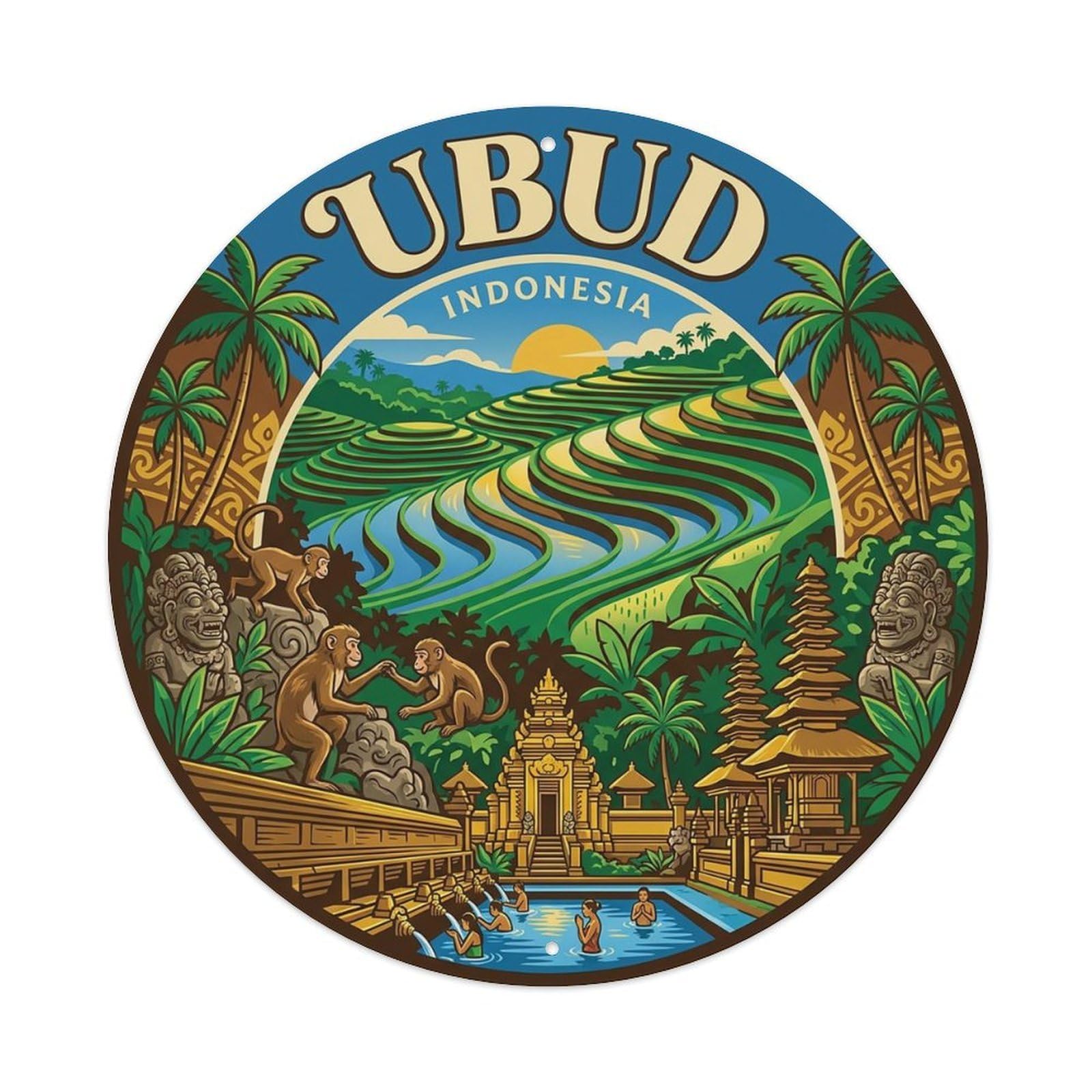 Indonesia Retro Travel Ubud Vintage Metal Tin Sign Plaque Wall Decor for Cafe, Club Bar, Office, Garden Metal Poster 8x8Inch