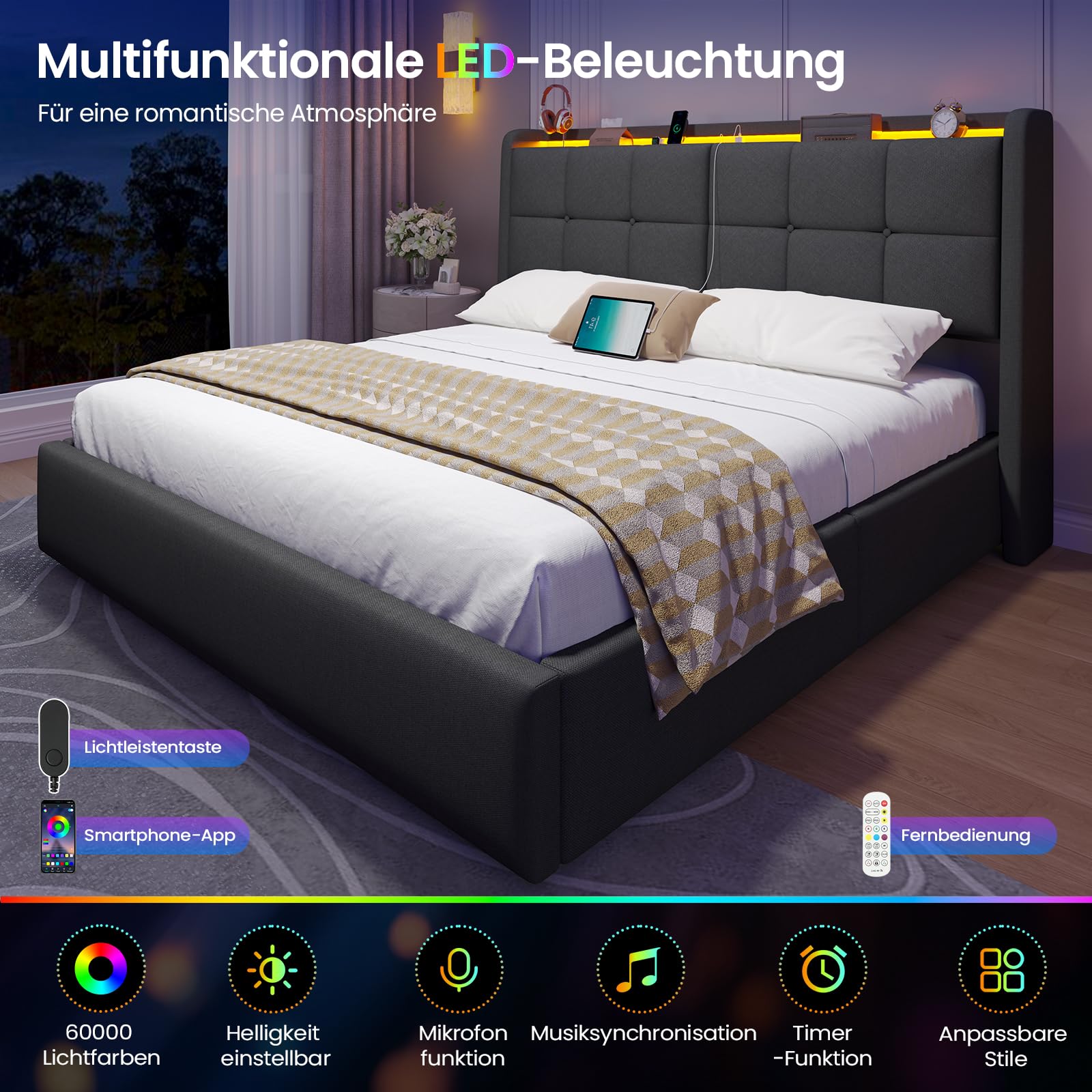 Brinlawb Polsterbett 180x200 mit Bettkasten, Hydraulisch Stauraumbett mit LED-Beleuchtung und Ladestation, Doppelbett 180x200 cm mit gepolstertem Stauraum-Kopfteil und viel Stauraum unterm Bett, Grau