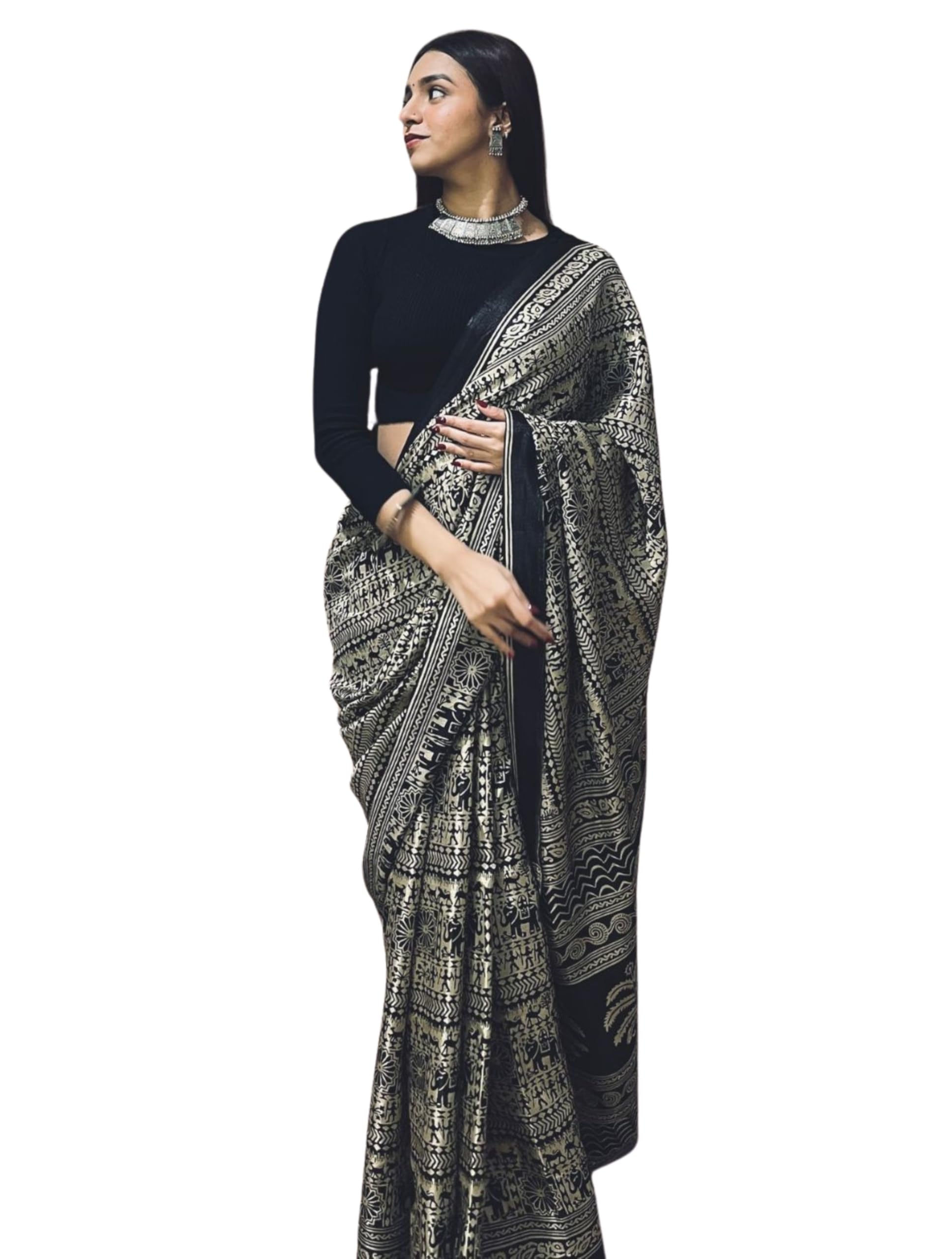 Women's Art Silk Kalamkari Print Saree With Blouse Piece,black