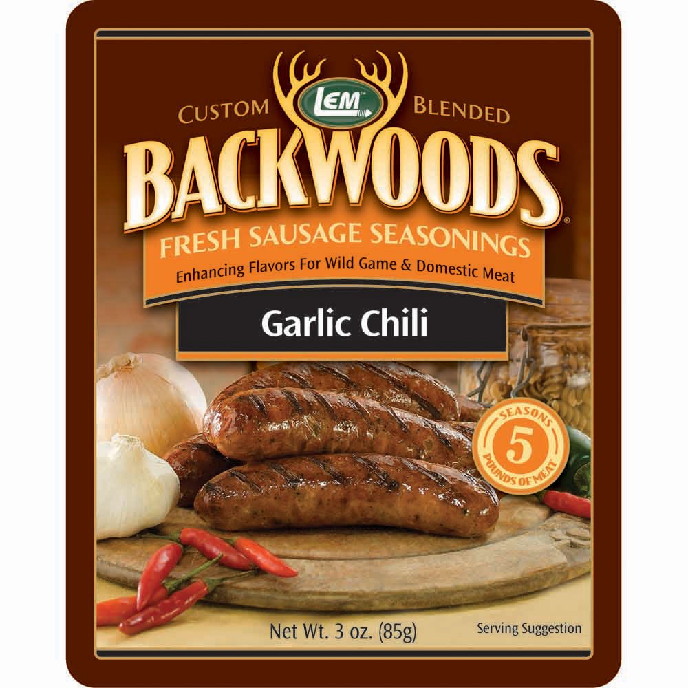 LEM Products Backwoods Garlic Chili Pepper Fresh Sausage Seasoning, Ideal for Wild Game and Domestic Meat, Seasons Up to 5 Pounds of Meat, 3 Ounce Packet