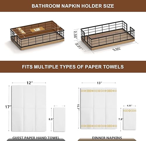 Vista 18 de Wican Bandeja para toallas de invitados para baño, soporte de servilletas de roble y hierro para tocador, mesa de comedor, cesta de madera