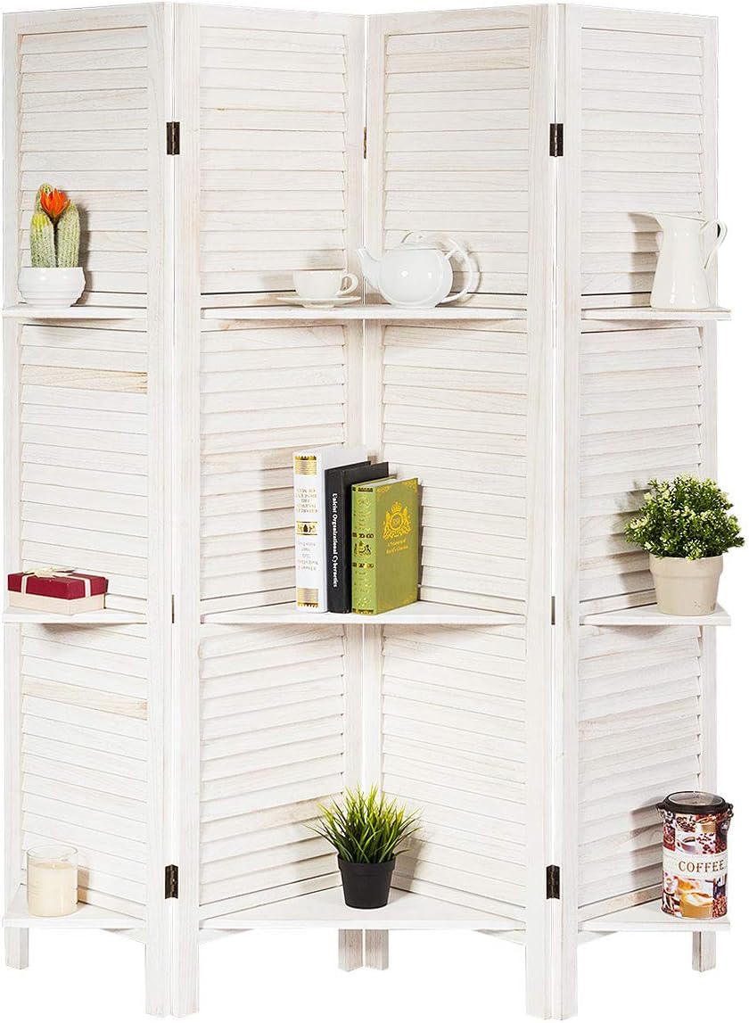 4 Panel Room Divider with Shelve, Folding Privacy Screens, Wood Divider for Room Separation, 5.6 FT Foldable Wall Partition for Home Office Bedroom, White