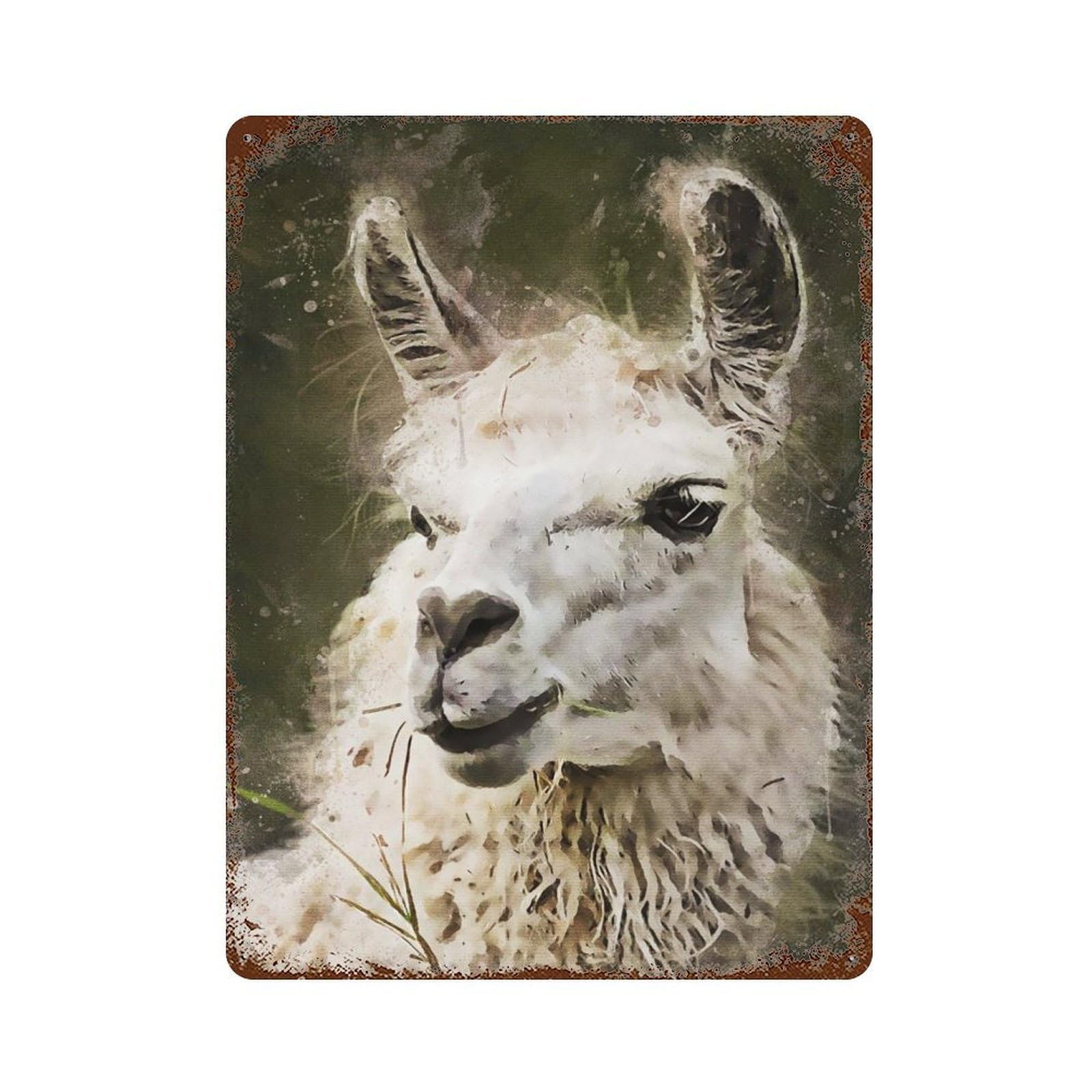 Decorative Tin Sign with Splatter White Llama Design 15.7"x11.8", for Basement, Hobby Room And Garage Decor, Rustic Home Decor