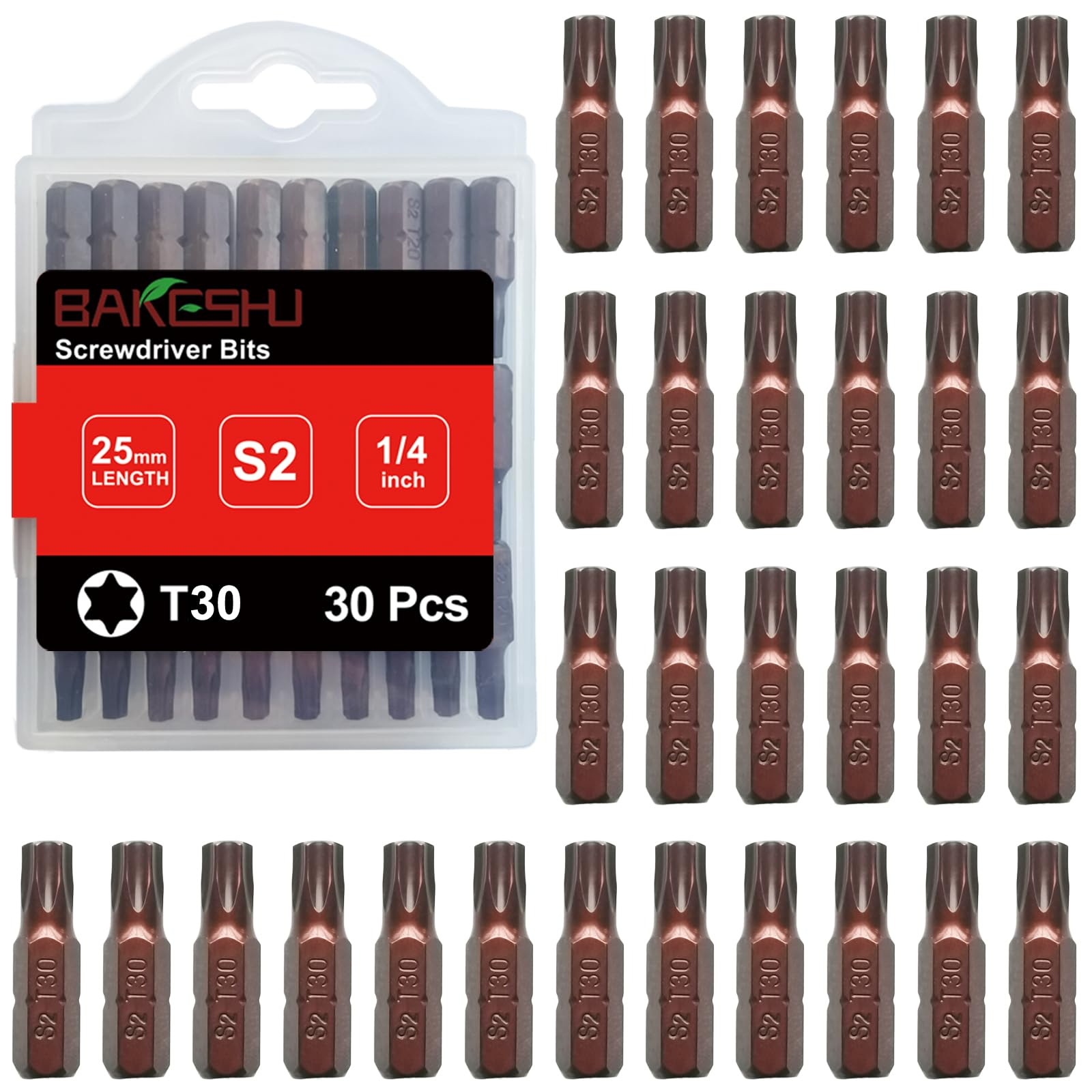 T30 bit x 30 pezzi, Torx Bit T30 1/4" attacco esagonale (lunghezza 25 mm)