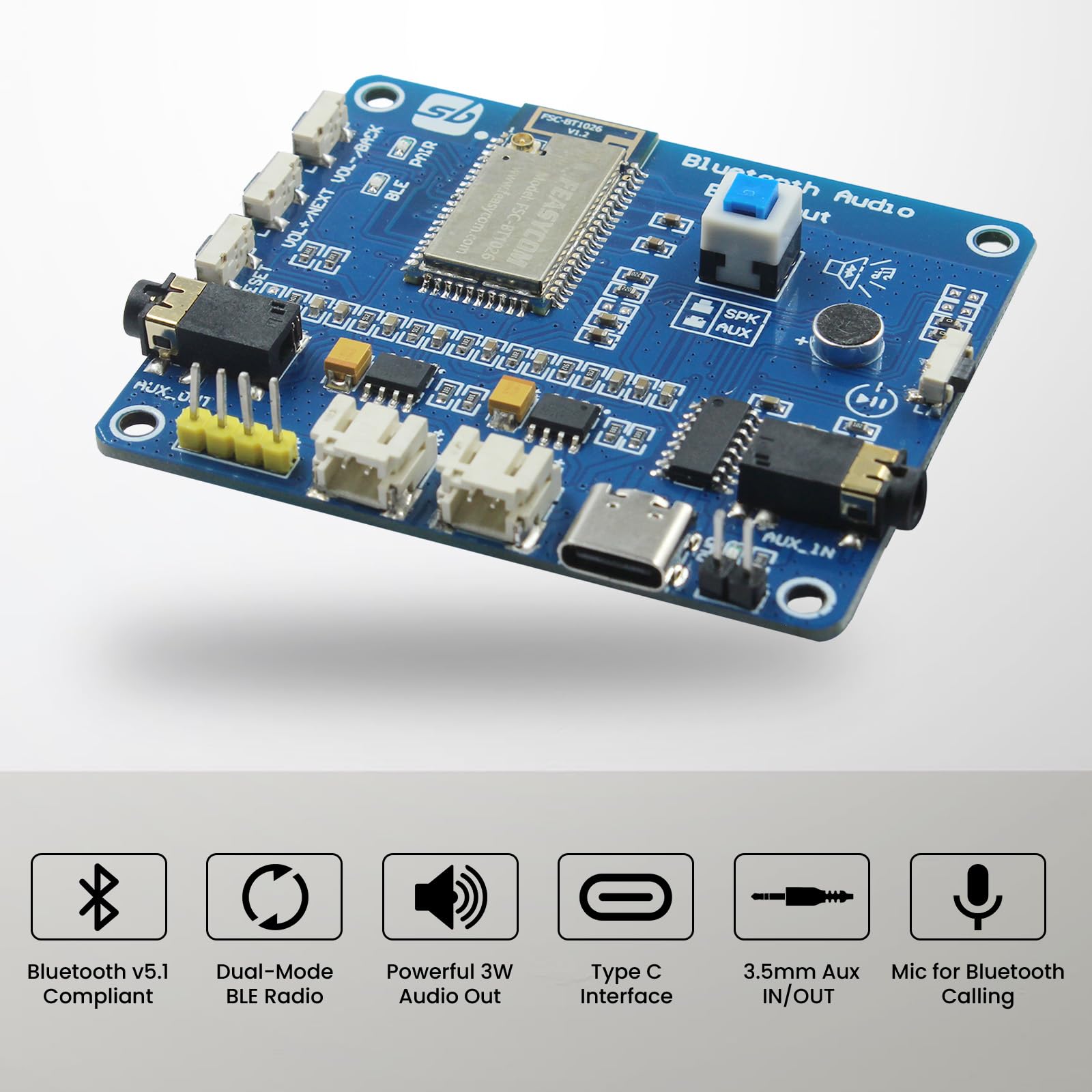 SB COMPONENTS Scheda di espansione Bluetooth Audio Breakout con altoparlante da 2 Watt per soluzione audio tutto in uno Rivoluziona i tuoi test e le tue esperienze audio con la scheda di espansione