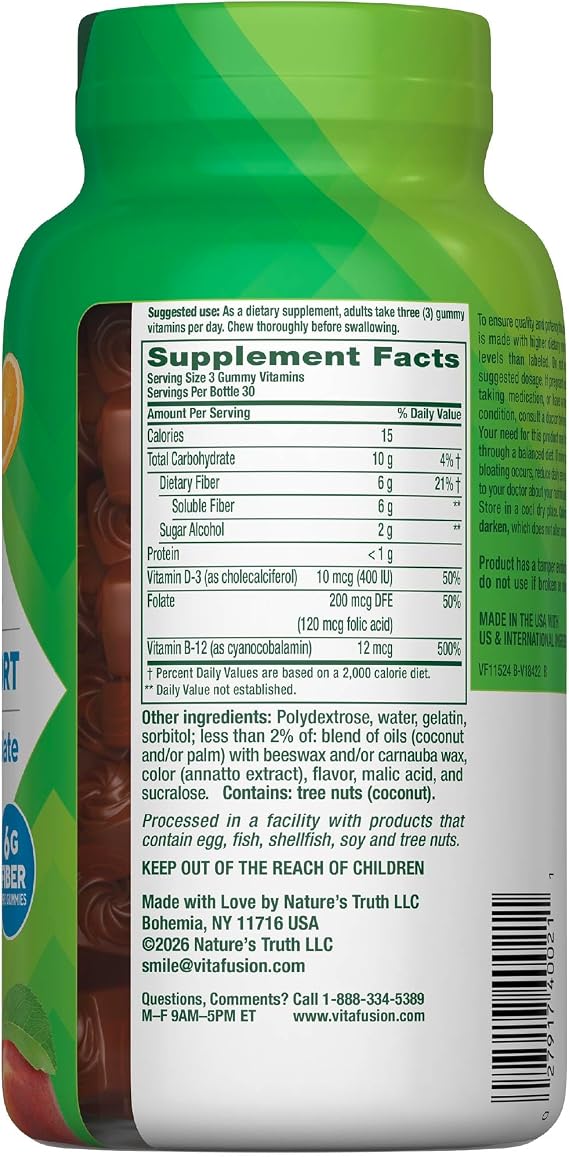 Vitafusion GLP-1 Support Fiber Plus Vitamins D, B12 and Folate Gummy Vitamins, Citrus Flavor, Sugar Free, 90 Count, 30 Day Supply