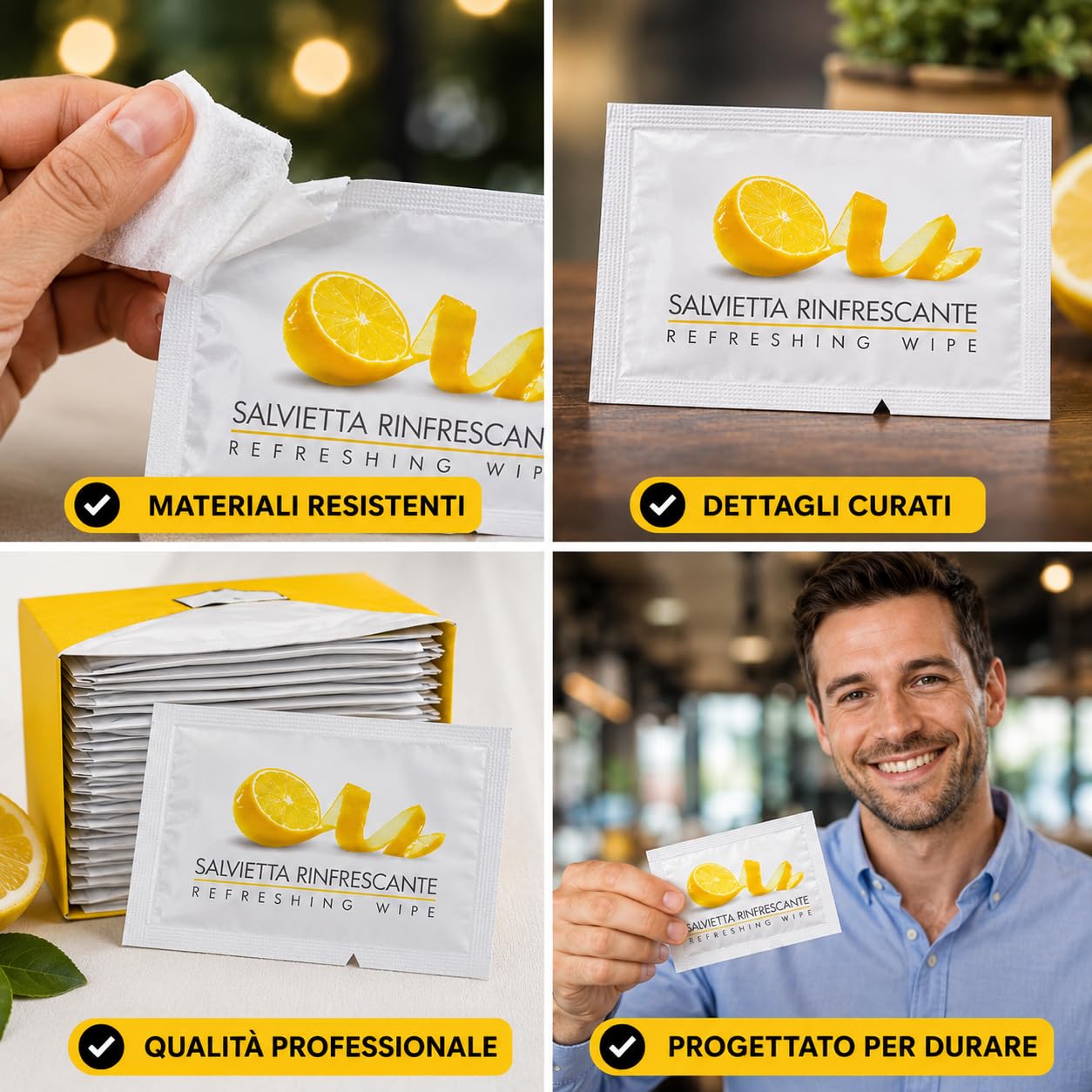 500 Salviette Umidificate Monouso Profumo (LIMONE) - Singolarmente Imbustate per Ristoranti, Hotel e Catering - Salviette Igienizzanti e Rinfrescanti per Mani e Viso
