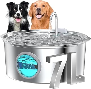 Hunde Trinkbrunnen für Katze Edelstahl: 7L / 236oz Katzenbrunnen – Superleiser Katzen Trinkbrunnen - LED Licht - Geeignet für große Hunde, Katzen und Haushalte mit Mehreren Haustieren