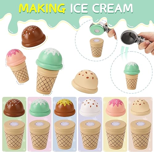 Miniatura 6 de Juguetes de helado de madera para niños, juguetes de cocina con cucharada, menú y dinero falso, juego de tienda de helados para niños de 3, 4, 5, 6