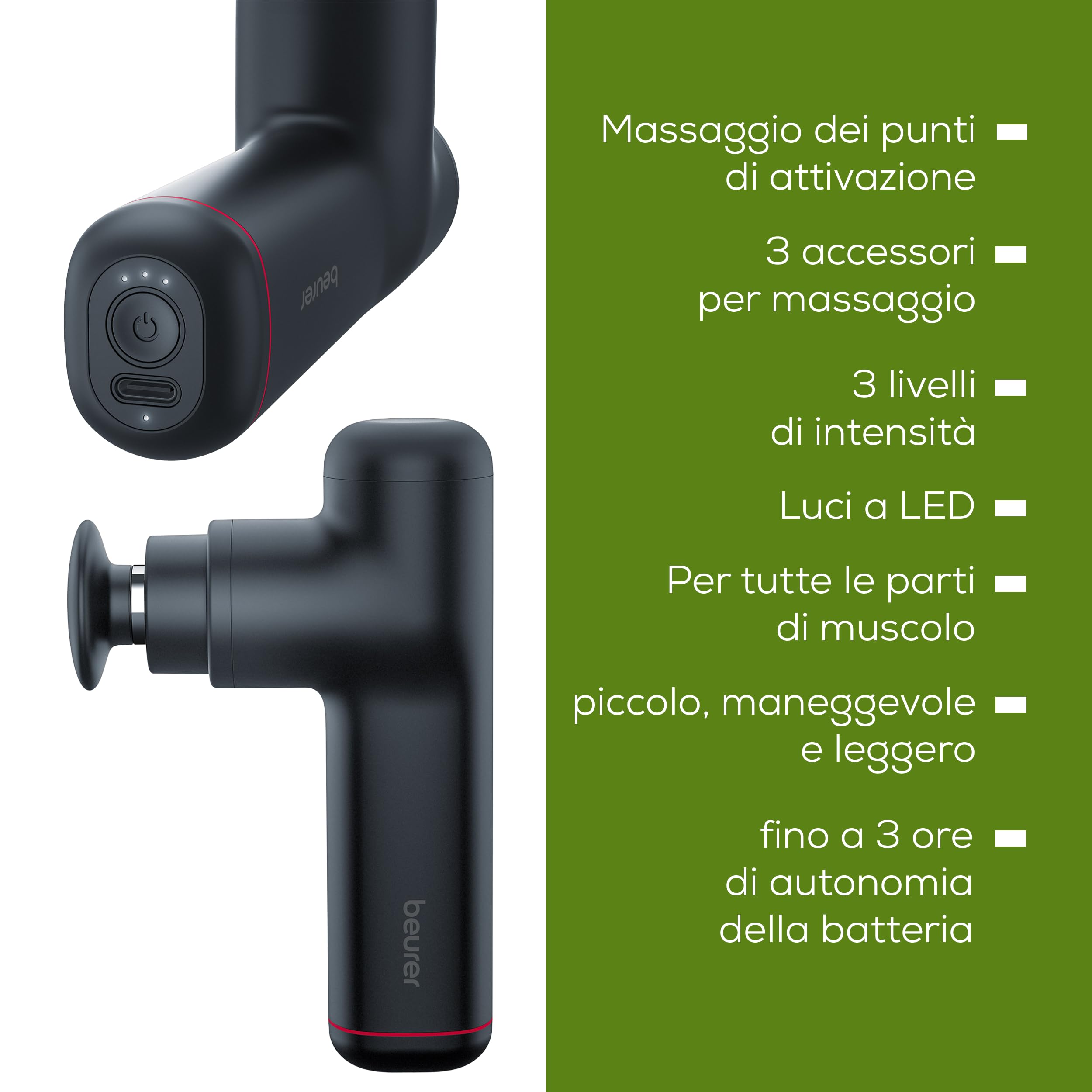 Beurer MG 79 Pistola per Massaggio Sensitive Compatta con 3 Accessori, Massaggio Delicato nelle Zone Sensibili del Corpo, Pratico Massaggiatore Muscolare con 3 Livelli di Intensità e 3 Accessori