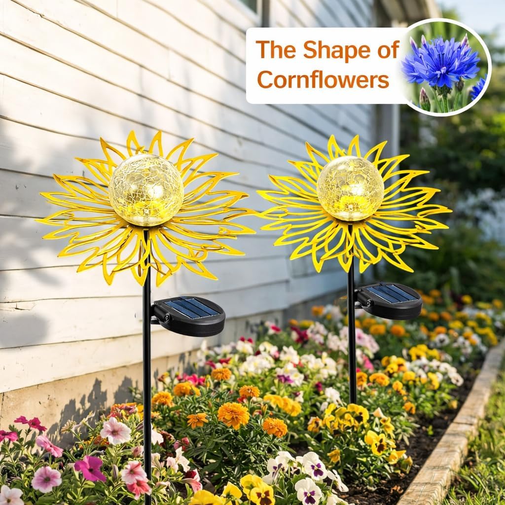 Solar Garden Lights Outdoor Decor, Metal Flower Stake Light with Warm White Crackle Glass Globe, Waterproof Decorative Solar Yard Art for Patio Lawn Backyard Pathway, Gardening Gift, Gold