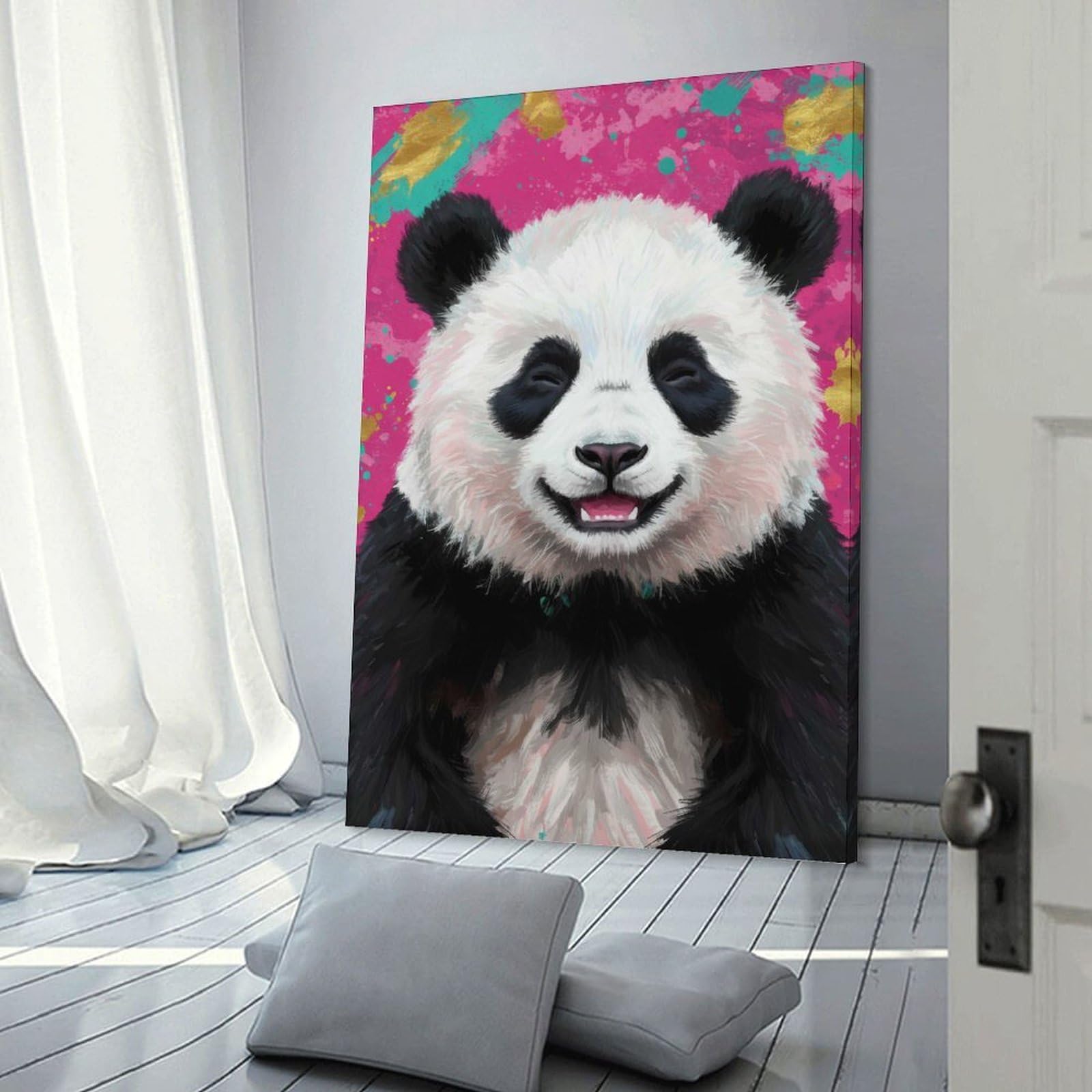 Junmoney Frame-Style-22 Smiling Panda Portrait Wall Decor Canvas Print, 12X18inch(30X45cm), For Flats, Guest Rooms Or Compact Rooms, A Simple Refresh For Blank Walls
