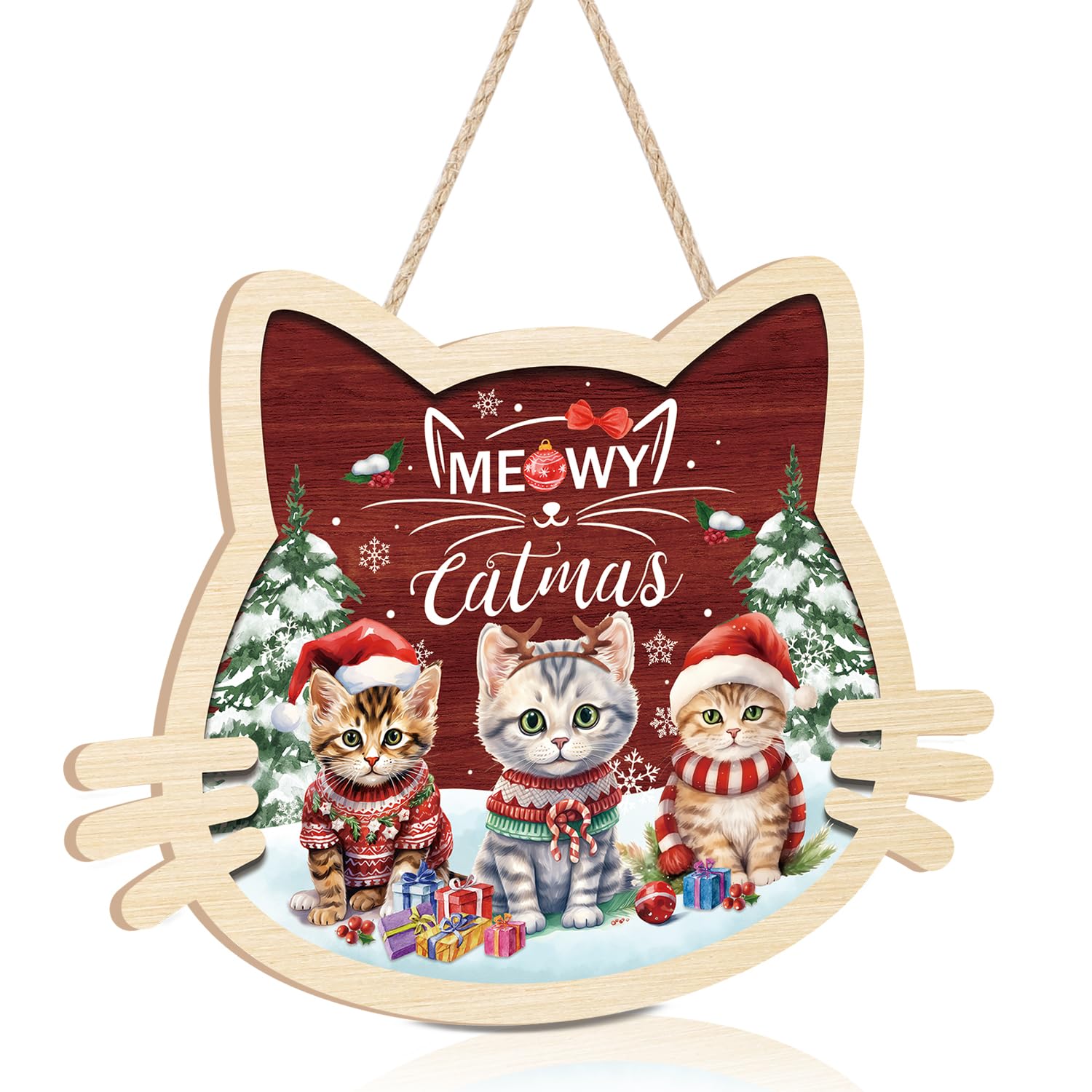 KAIRNE Meowy Christmas Decorations - Indoor Wooden Cat Signs, Winter Snow Signs, Merry Christmas Wall Art & Prints for Cat Lovers