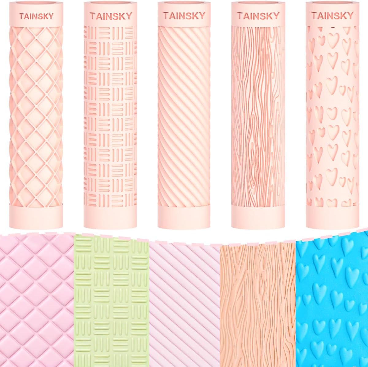 TAINSKY 5 pcs Polymer Clay Texture Roller, Pottery Stamps for Polymer Clay Earrings Jewelry, Embossing Pottery Texture Rollers for Jewelry Making#1