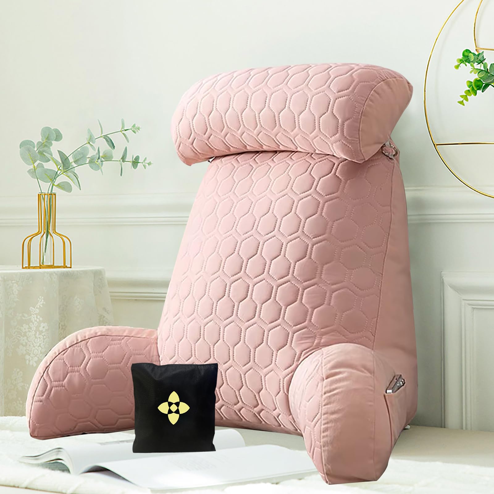Cctsa Pink Extra-Large Reading Pillow With Arm Rests Ergonomic Back Rest Support Pillow For Bed Sofa Lumbar Support Cushion With Washable Covers Backrest Pillow For Gaming Relaxing And Sitting