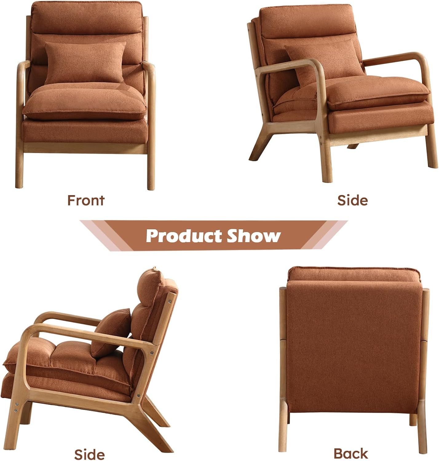Mid Century Modern Accent Chair, Upholstered Lounge Armchair with Plump Back Pillow, Comfy Reading Chair with Solid Wood Frame for Bedroom Living Room, Brown