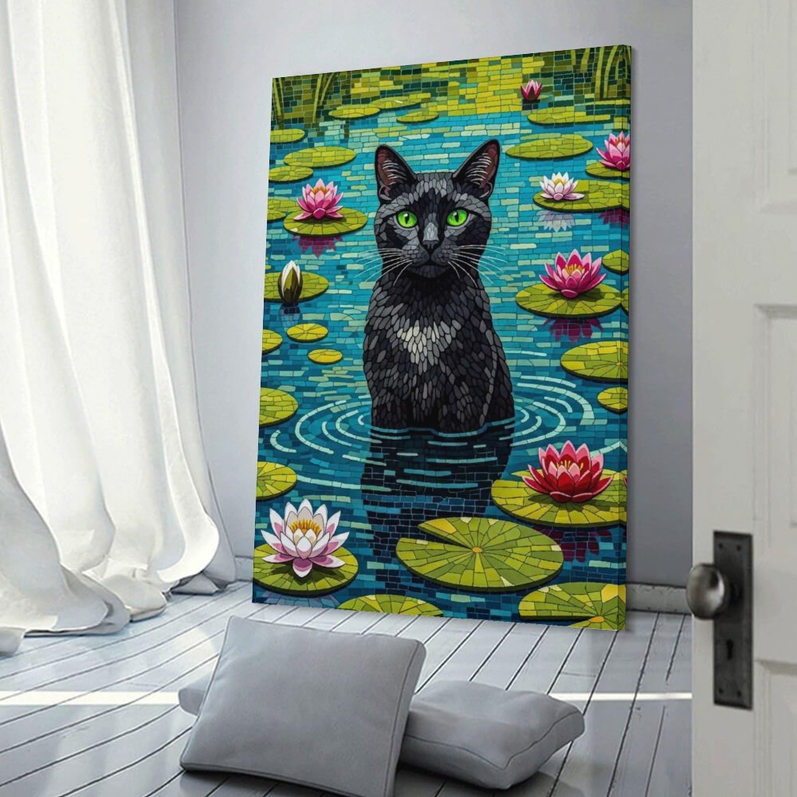 Junmoney Black Cat in Lily Pond Mosaic Canvas Wall Decor 24x36inch(60x90cm), for Corridors, Hallways Or Apartment Entries, A Stylish Accent for Home Entrances