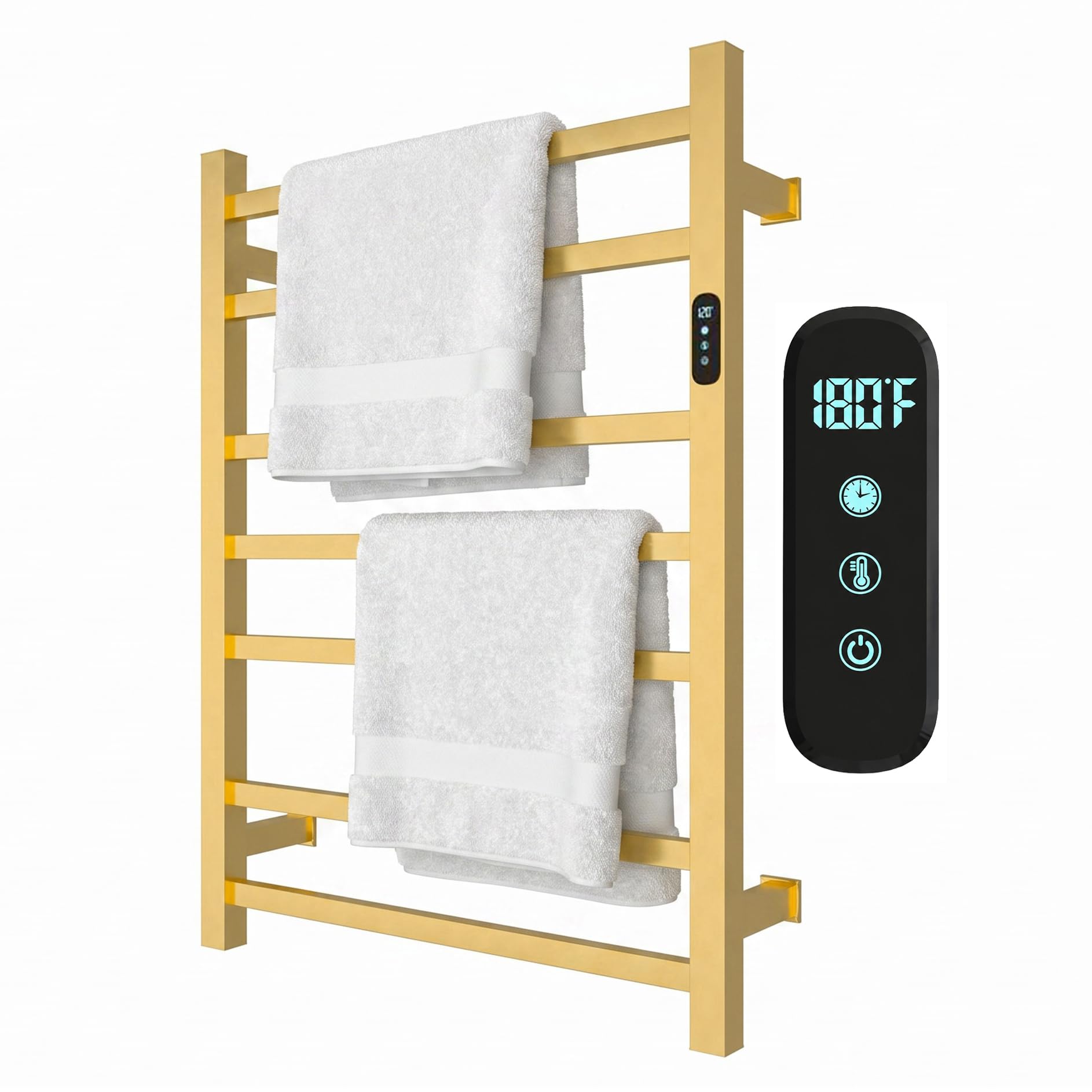 Luxury Gold Heated Towel Racks for Bathroom, Wall Mounted Electric Towel Warmer Rack with Timer &amp; Fahrenheit Temperature Control, 7 Bar Stainless Steel Towel Heater for Bathroom(Brushed Gold)