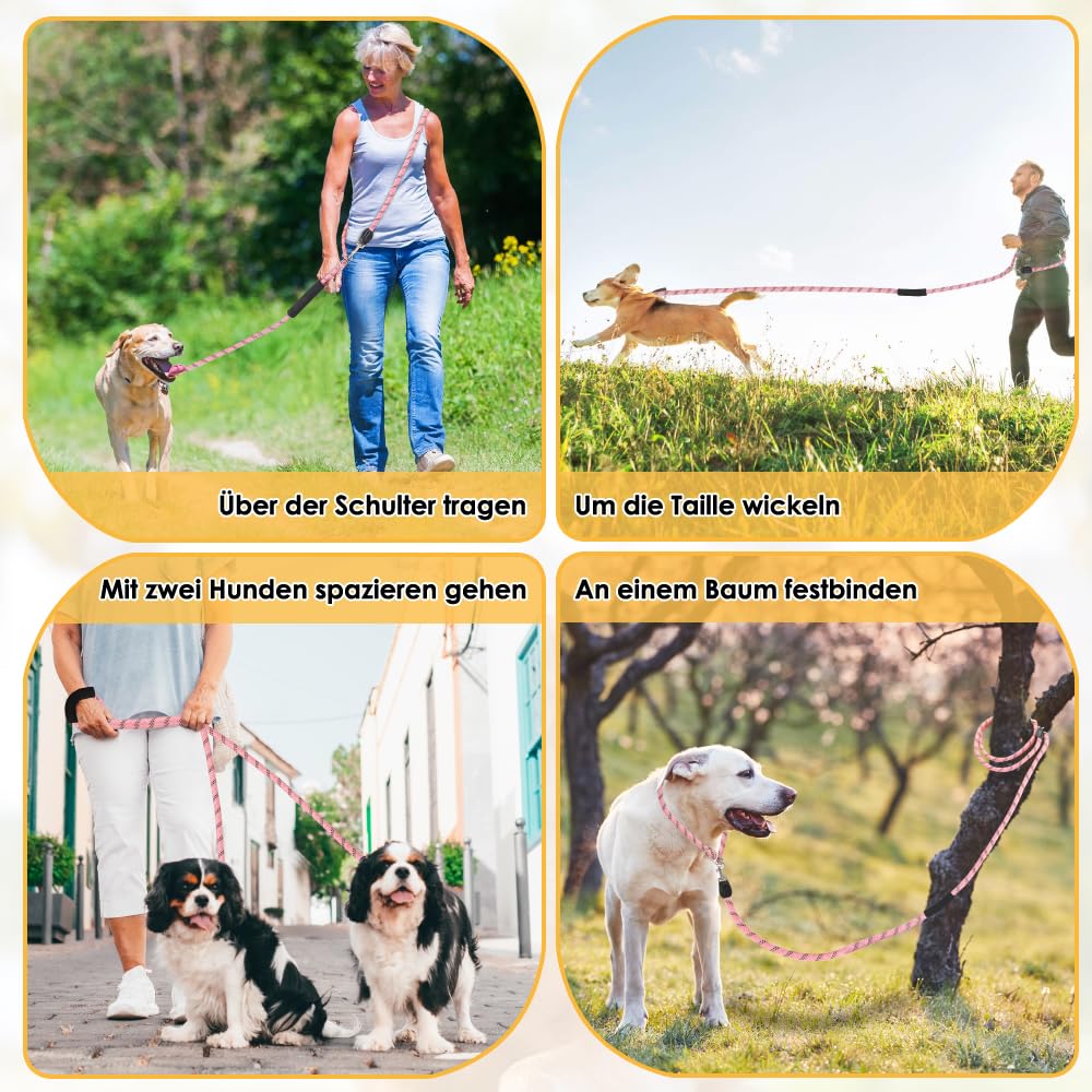 Eyein Hundeleine 3m für Kleine mittelgroße Hunde, 8in1 Schleppleine mit 3 Verstellbare Schnalle und Griffen, Reflektierende Doppelleine für 2 Hunde - Unter 100KG, Verdickte Freihandleinen, Rosa