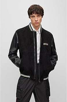 HUGO Mens Laars Varsity-Style Bomber Jacket in Suede with Leather