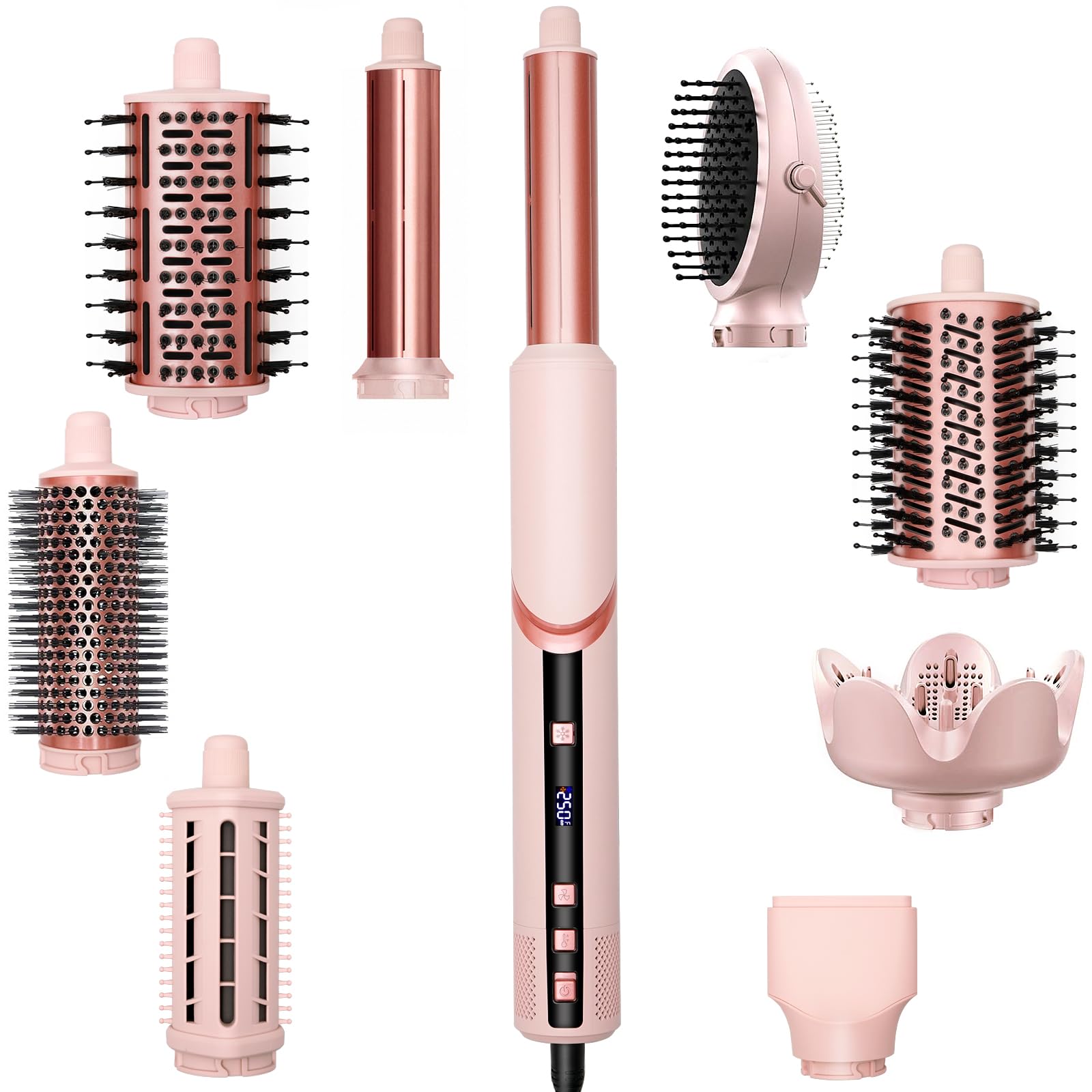9 in 1 Warmluftbürste Haarstyler mit Digitalanzeige, Ionen-Technologie & Auto-Wrap Lockenstäben für glattes Haar, Locken, Volumen & Glanz – schonend und vielseitig
