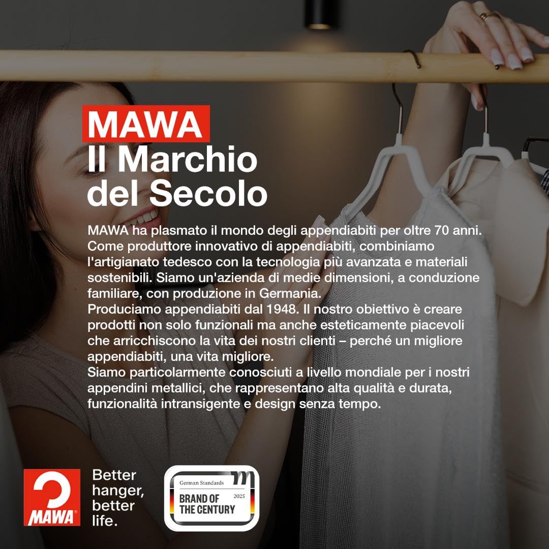 MAWA Grucce Appendiabiti Ergonomiche in Metallo, Set di 25, Ideali per Cappotti, Giacche, Blazer e Completi, Gancio Girevole 360°, Rivestimento Antiscivolo, 42 cm, Bianco
