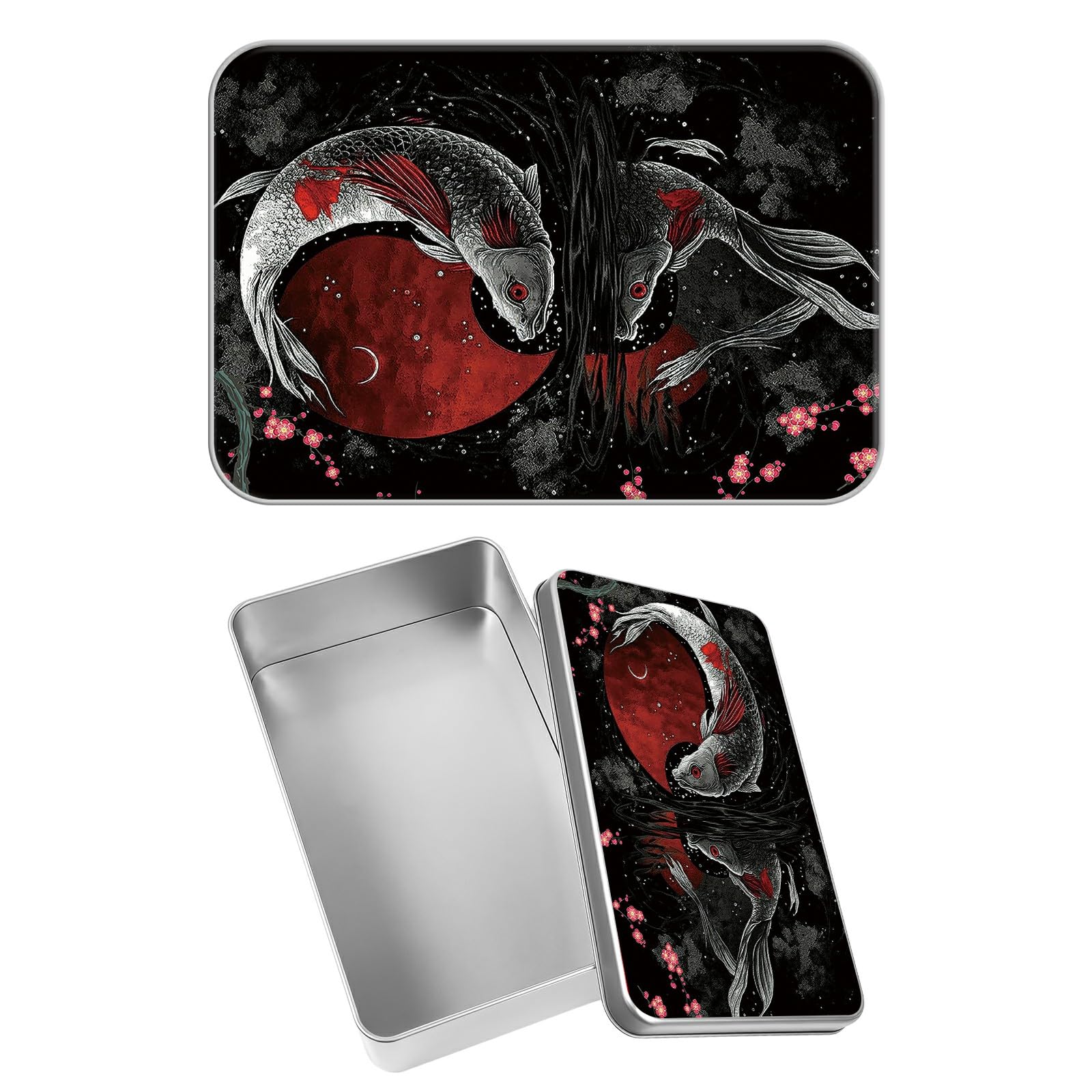 Rectangular Metal Tin Box with Removable Lid, Japanese Koi Fish Decorative Printed Metal Storage Container for Jewelry Pen Eraser Pill Candy Craft 4.9 x 3.54 x 1.57 inch– Single Pack