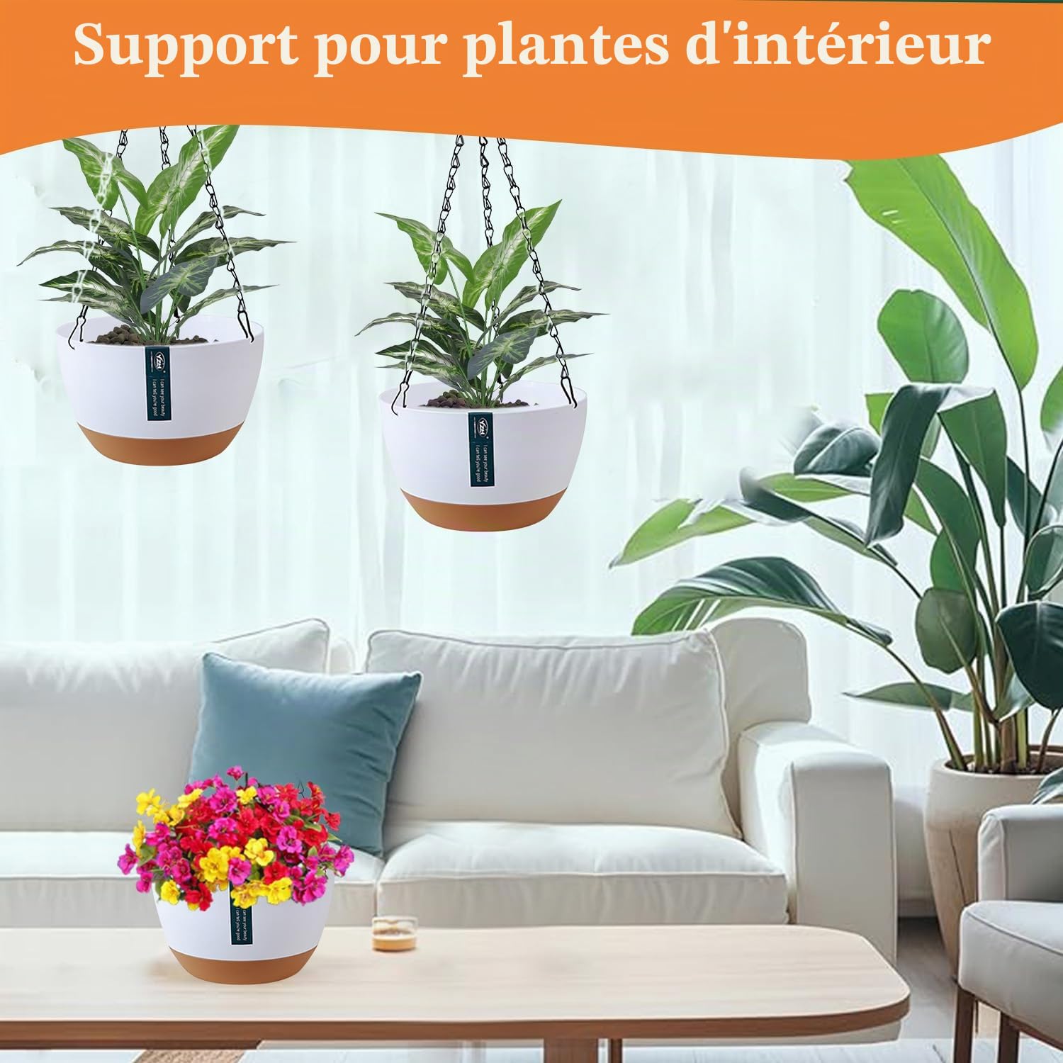 Lot de 3 pots de fleurs suspendus avec trous de drainage et soucoupes, support de plantes à suspendre pour intérieur et extérieur, panier suspendu pour plantes et fleurs (gris foncé)
