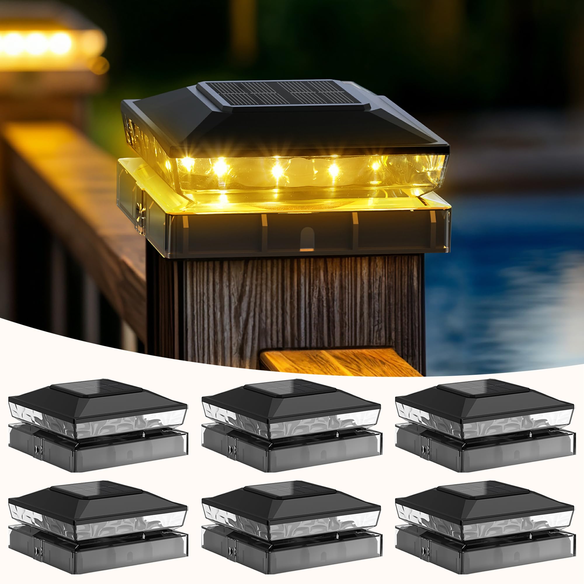 Photo 1 of KEILAIMO Solar Post Cap Lights, 6 Pack Upgraded Outdoor Deck Fence Post Solar Lights for 4x4 5x5 Wood/Vinyl Posts, IP65 Waterproof, 10-12 Hours Warm White Glow for Garden/Patio/Porch - Black