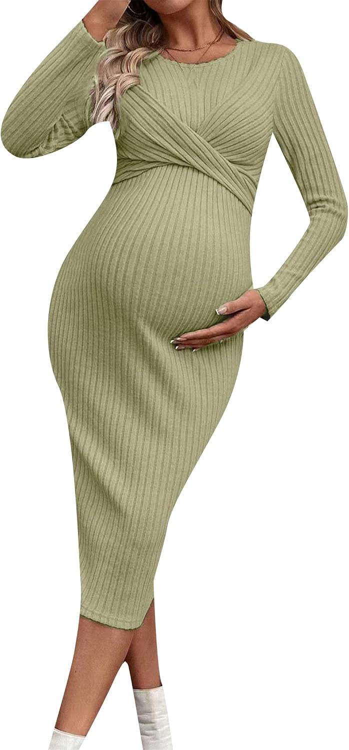 Women's Stretch Maternity Dress Knit Ribbed Photoshoot Bodycon Dresses for Baby Shower