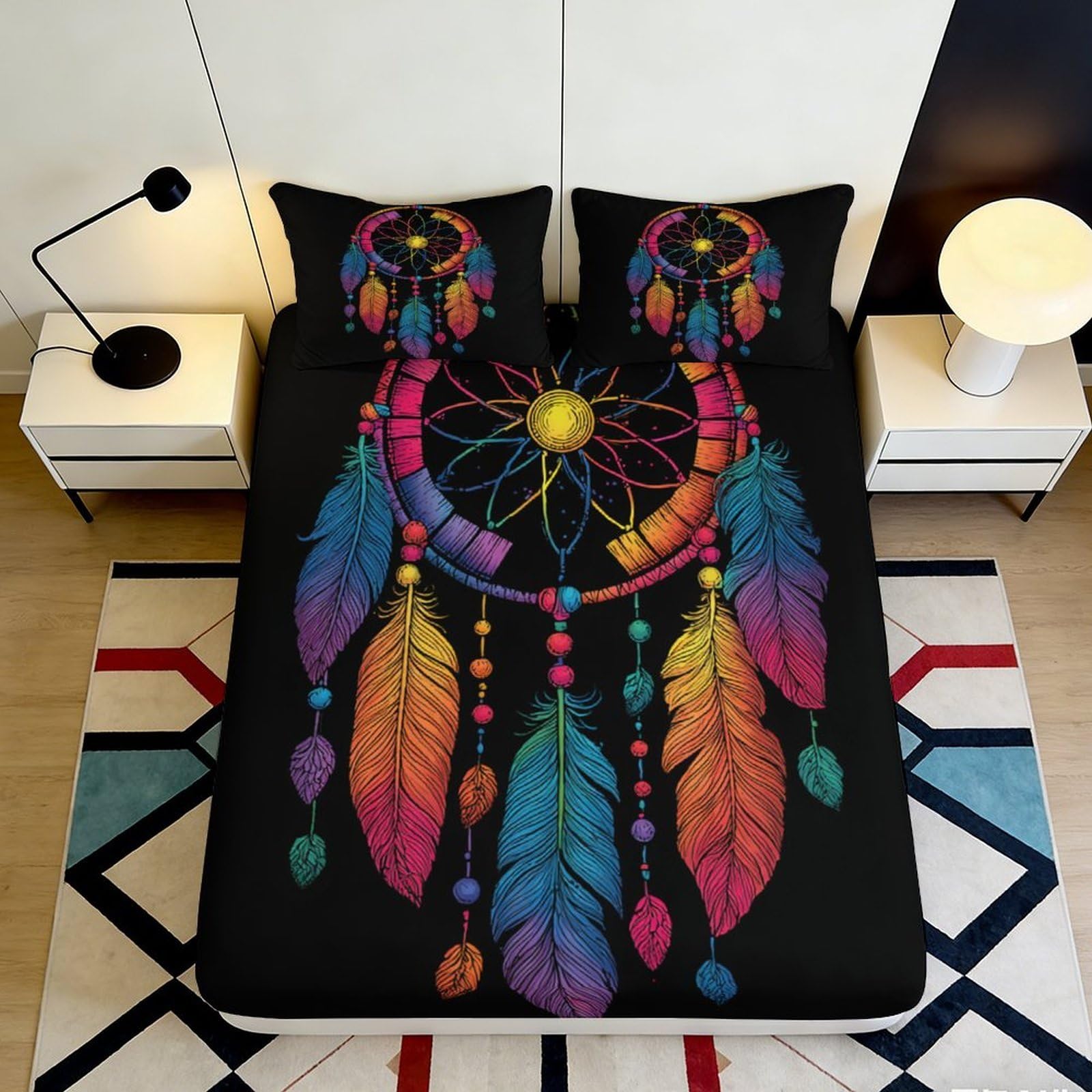 3D Printed Dreamcatcher Fitted Sheet Microfiber Soft Colorful Feather Bed Cover for Bedroom Dorm Mattress Decor 140x200x25cm