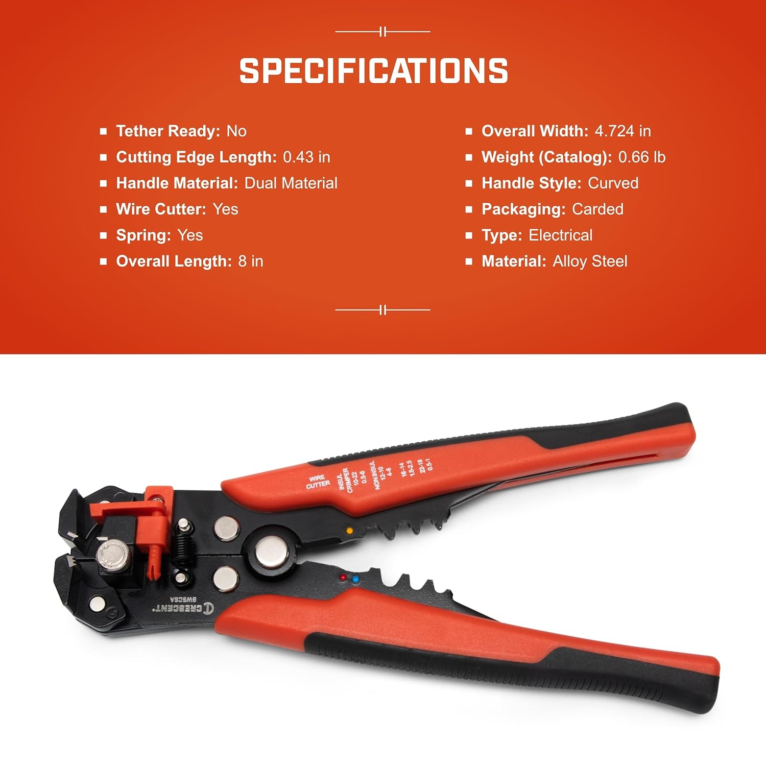 Crescent Self-Adjusting Wire Stripper & Cutter - Premium Hand Tool For Electricians - Includes Wire Crimper - 8" - 8WSCSA