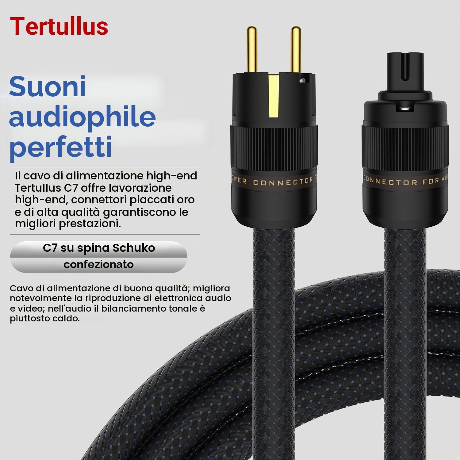 Tertullus HiFi - Cavo di alimentazione High End C15, cavo di alimentazione HiFi audio, con spina Schuko e spina per dispositivi freddi (P104-c7, 1,5 m)