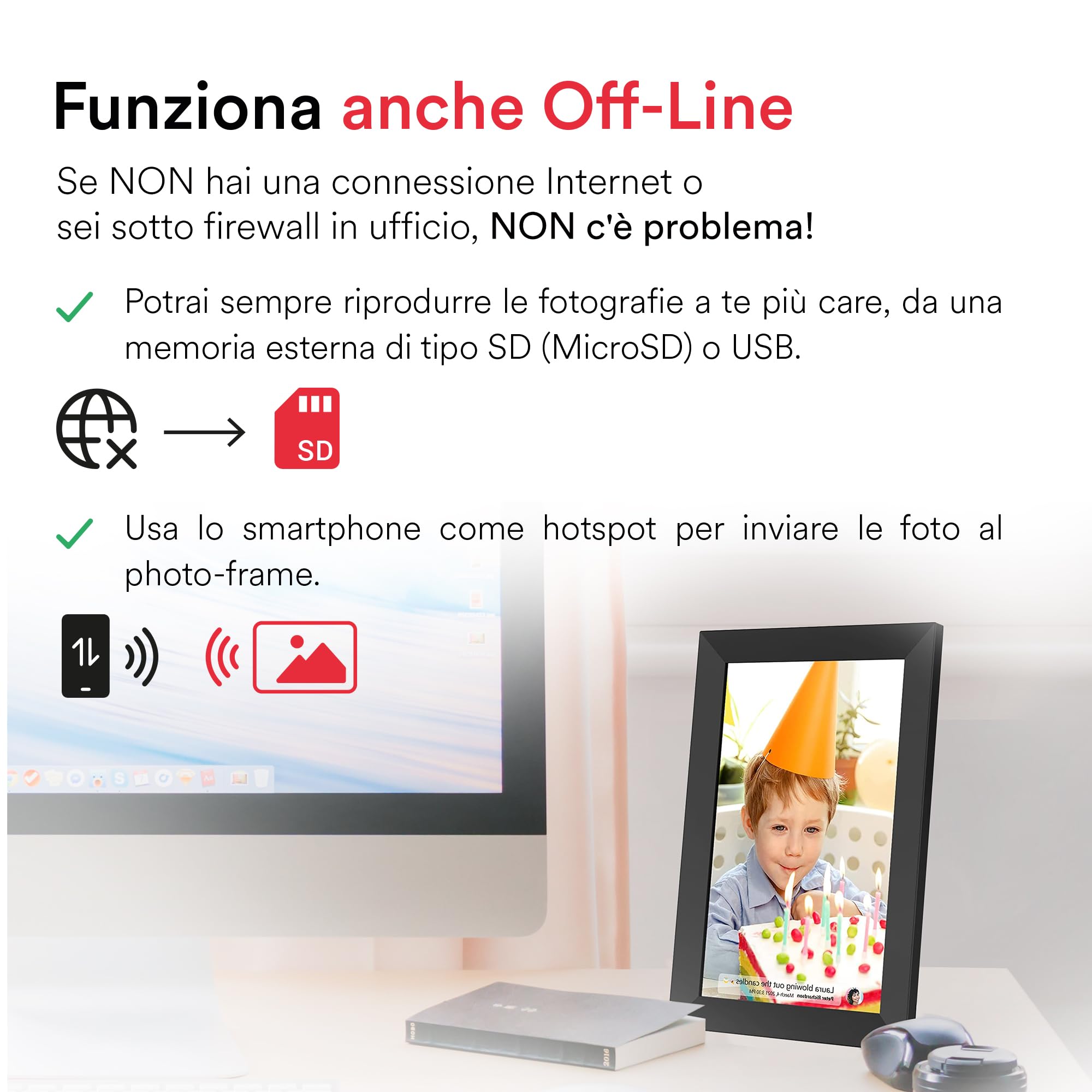 Atlantis Cornice Digitale WiFi 10 Pollici, Touch Screen, condividi foto e video via APP, portafoto digitale, rotazione automatica, orologio e meteo, Memoria 1GB RAM + 16GB per foto, Slot Micro SD.