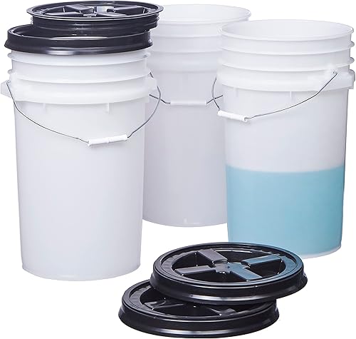 Consolidated Plastics Cubetas naturales de grado alimenticio de 7 galones + tapas de sellado gamma negro, almacenamiento de contenedores sin BPA,