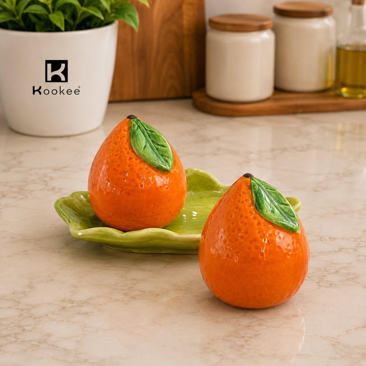 Kookee Ceramic Salt and Pepper Shaker Set with Tray for Dining Table, Orange (12369) — Amazon image 3