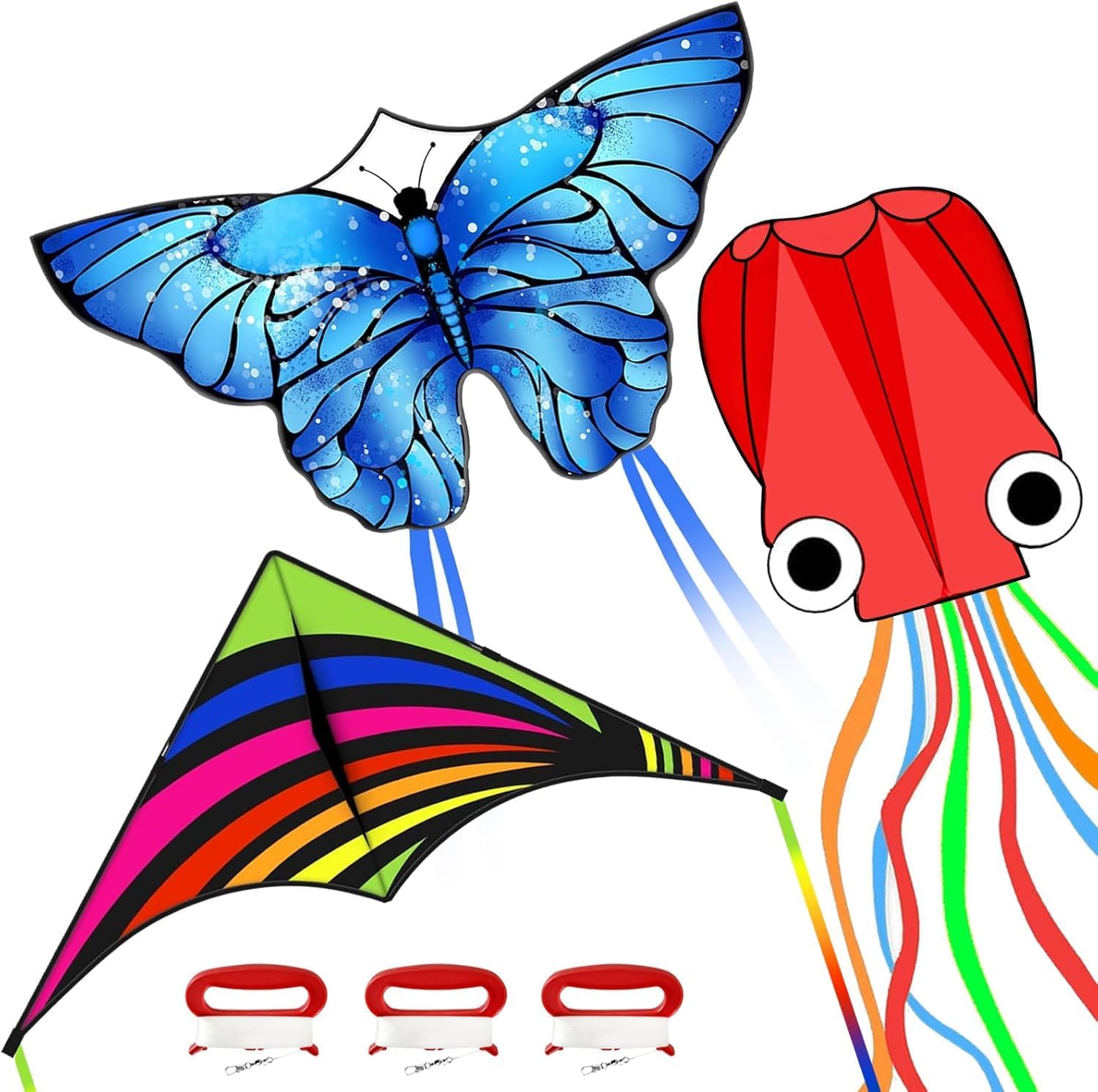 Mint's Colorful Life 3 Pack Kites for Kids and Adults, Easy to Fly Butterfly Delta Octopus Kite Set for Beginners, Large Beach Kites for Family Outdoor Games & Activities