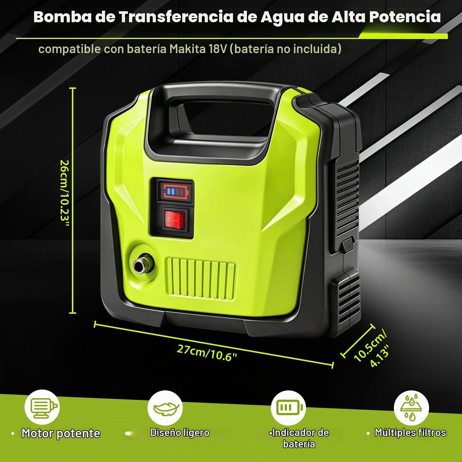 Bomba de agua con batería compatible con Makita 18 V, bomba eléctrica de jardín inalámbrica portátil con indicador de potencia, bomba eléctrica autocebante para casa, piscina, autocaravana, jardín