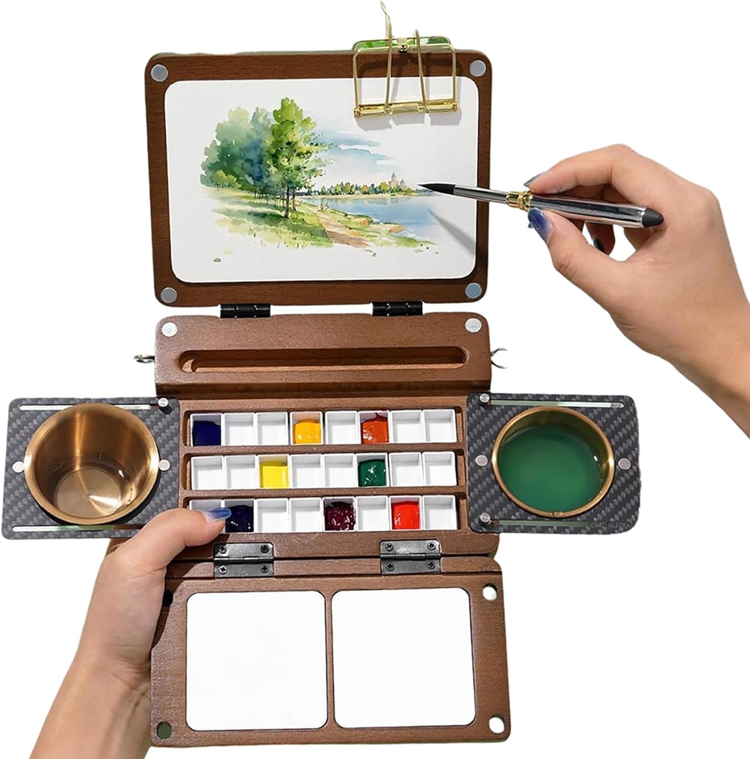 Paleta de acuarela de madera plegable con bloc de dibujo integrado y área de mezcla de colores, bandeja de pintura portátil de viaje para artistas, principiantes, bocetos y pintura al aire libre