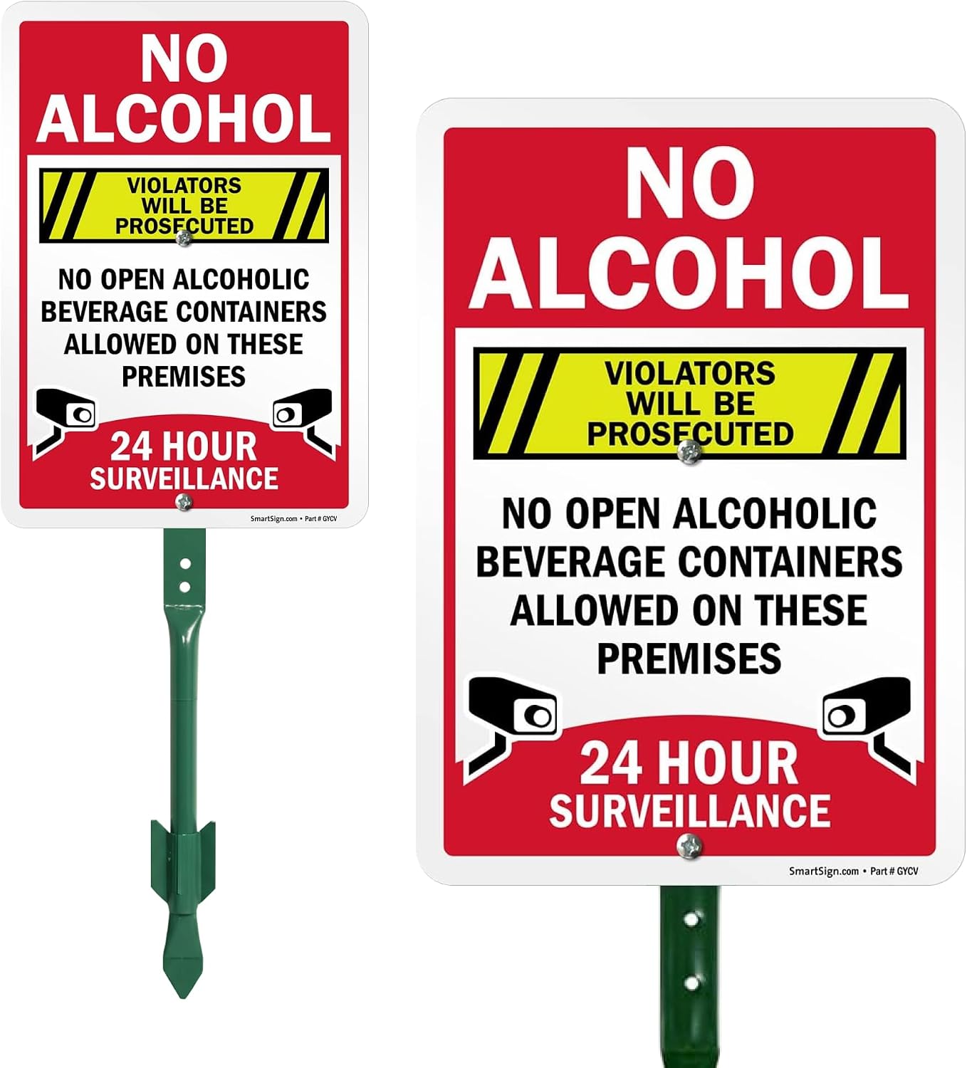 SmartSign 10 x 7 inch 'No Alcohol - Violators Prosecuted, No Open Containers Allowed, 24 Hour Surveillance' Yard Sign and 18 inch Stake Kit, 40 mil Laminated Rustproof Aluminum