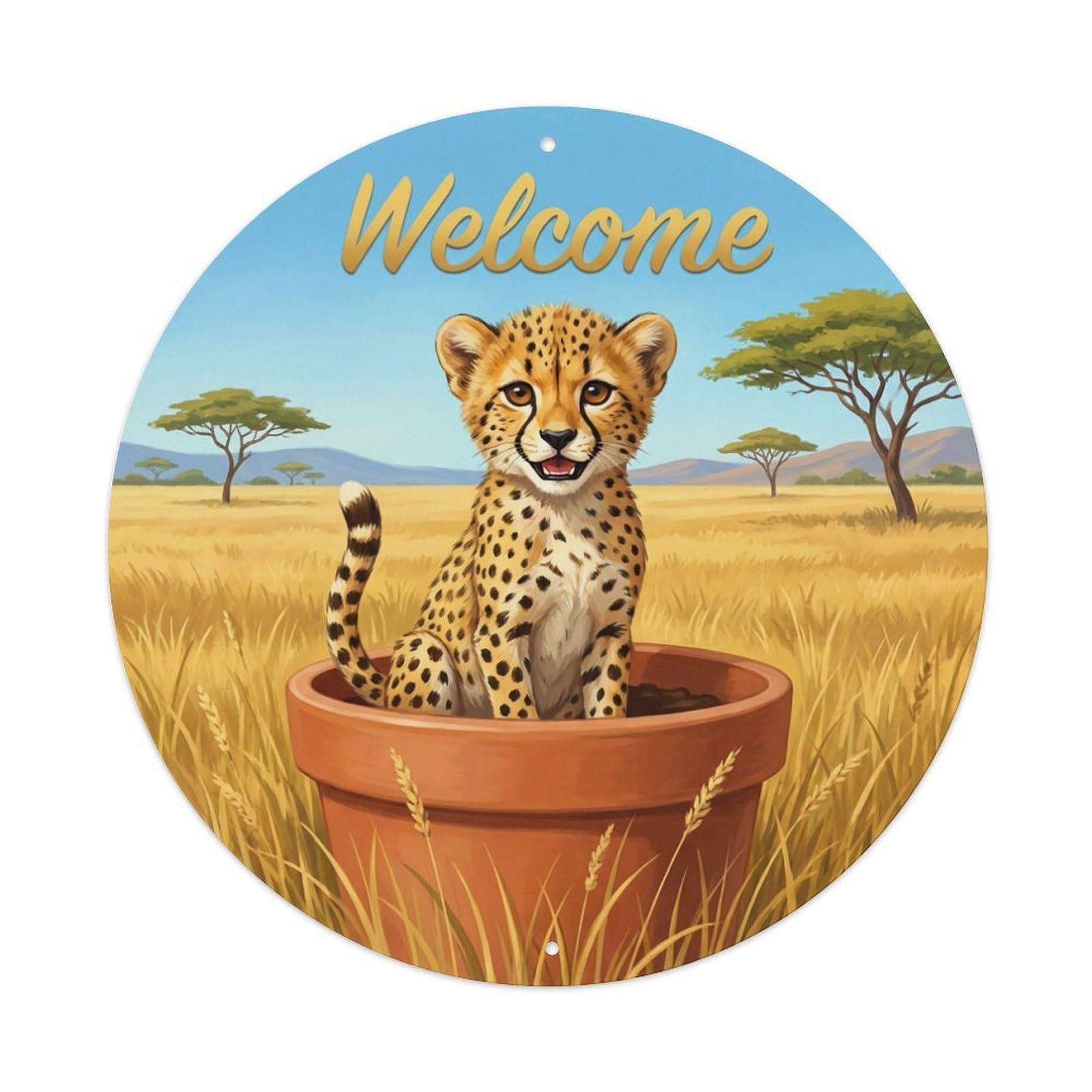 Welcome Cheetah Tall Grass Metal Tin Sign