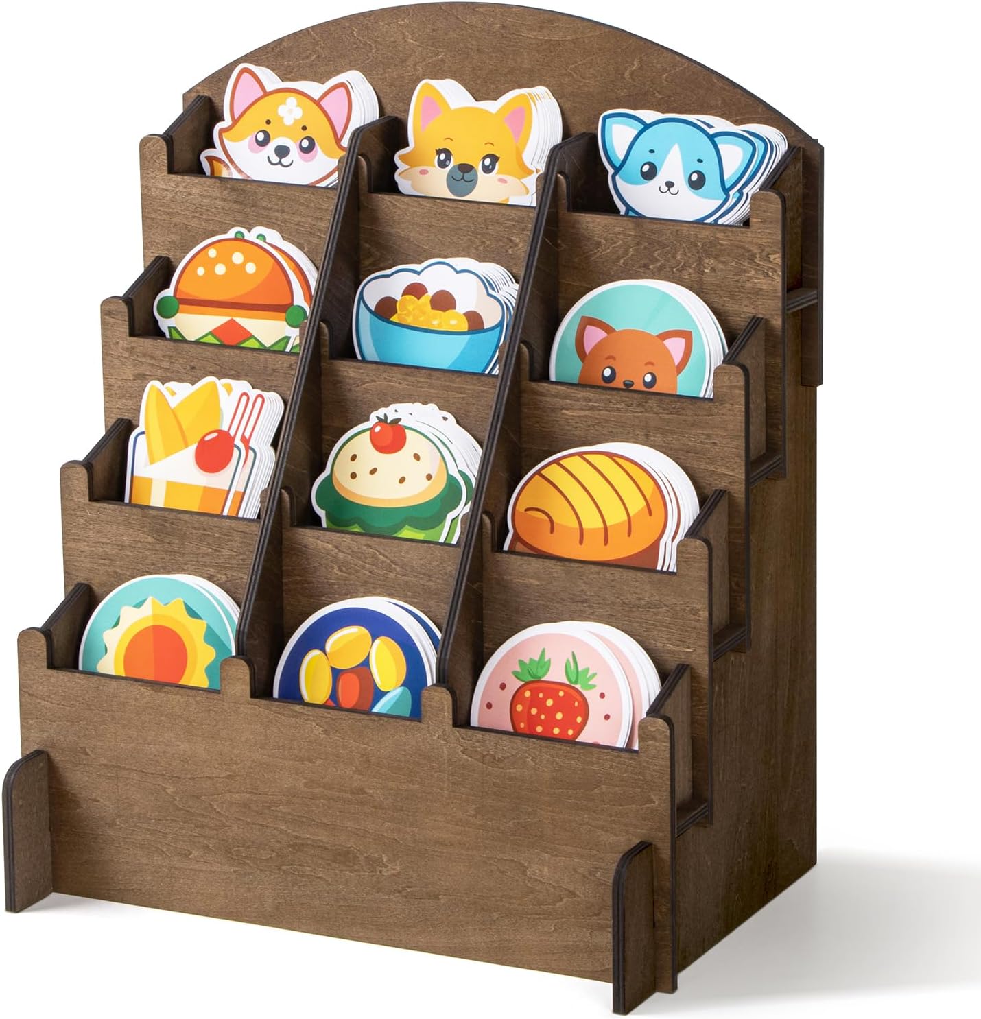 PUERSI Wooden Sticker Display Stand, Sticker Holder Display Organizer with 12 Pockets for Greeting Card, Postcard, Coaster, Bookmark, Brochure, Vendors, Retail, Brown