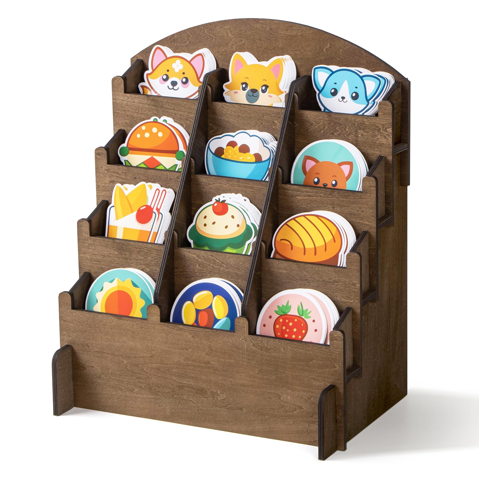 PUERSI Wooden Sticker Display Stand, 4-Tier Sticker Holder Display Organizer Rack for Bookmark, Brochure, Coaster, Vendors, Retail, Brown