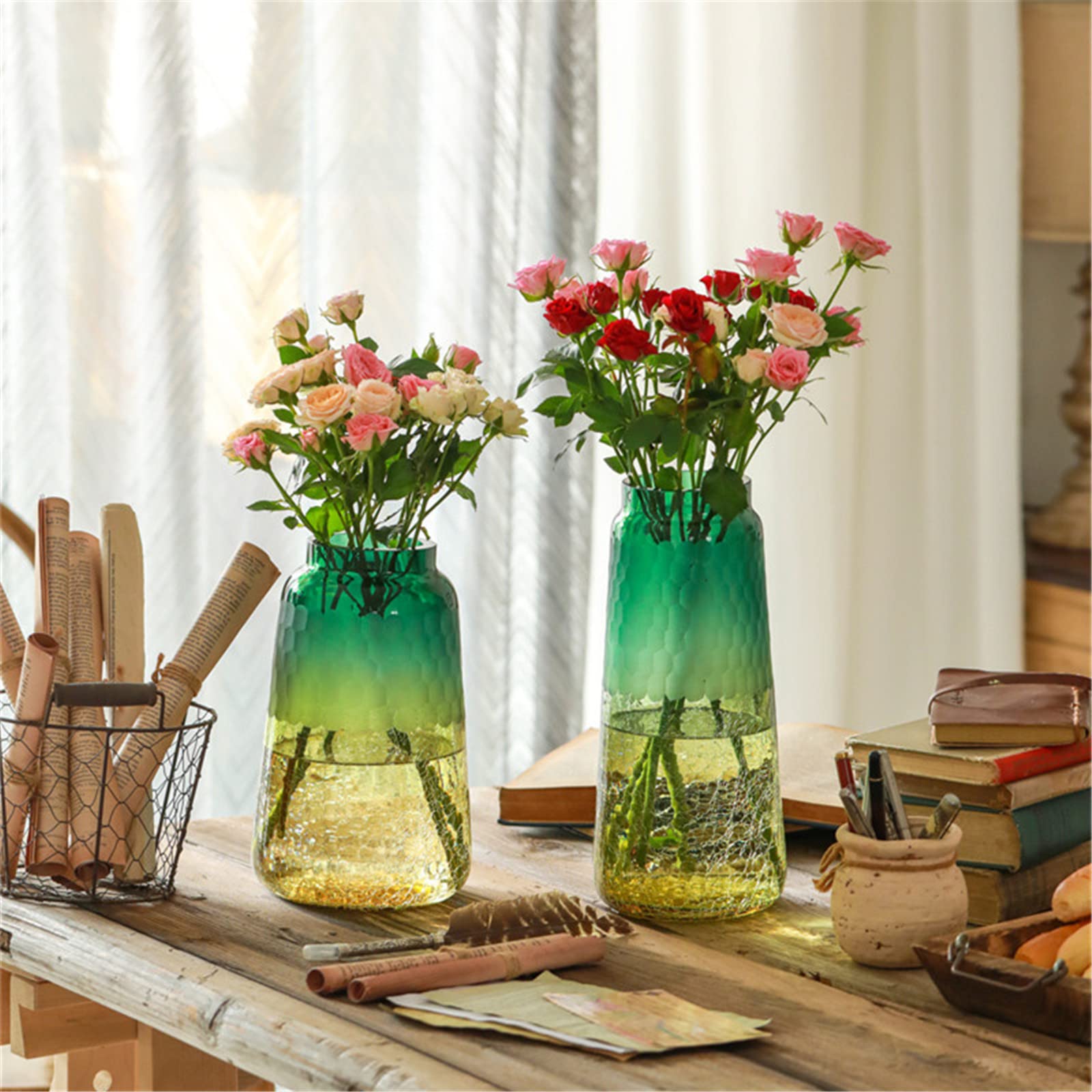 Amazon.co.jp: レトロガラスボトルの花瓶、芽の花瓶勾配ガラス花瓶緑と