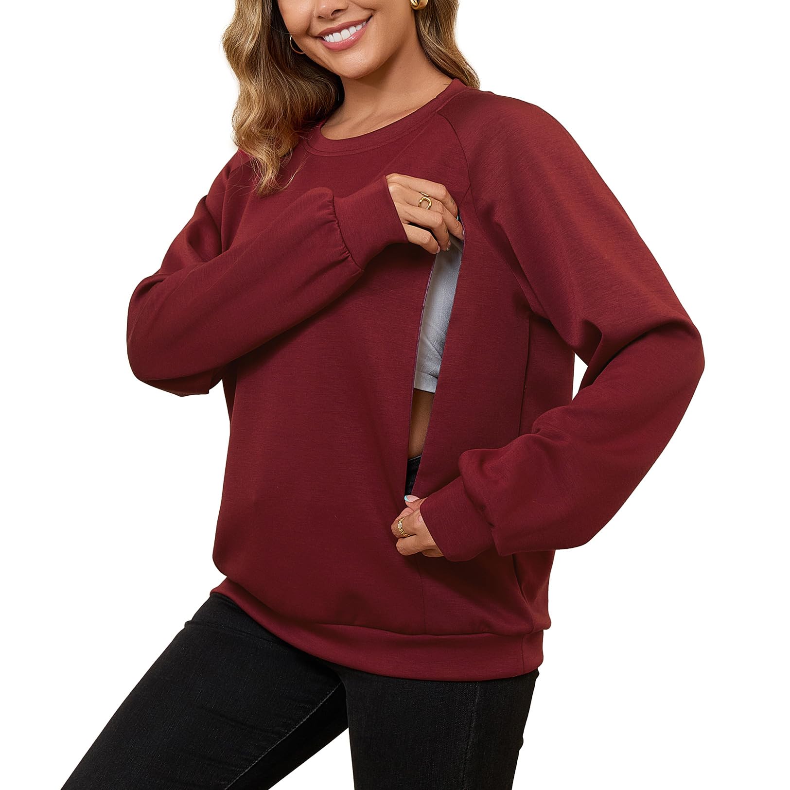 DEBELLY Stillfreundliches Sweatshirt für Damen, Doppelreißverschluss, langärmelig, Rundhalsausschnitt