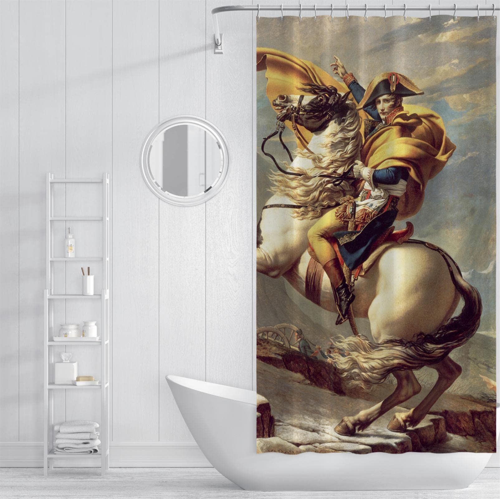 Ensembles de rideaux de Douche Cheval Blanc Avec crochets rideaux de Bain en Tissu Polyester imperméable Le Napoléon traversant Les Alpes par Jacques-Louis David 240Bx200Lcm